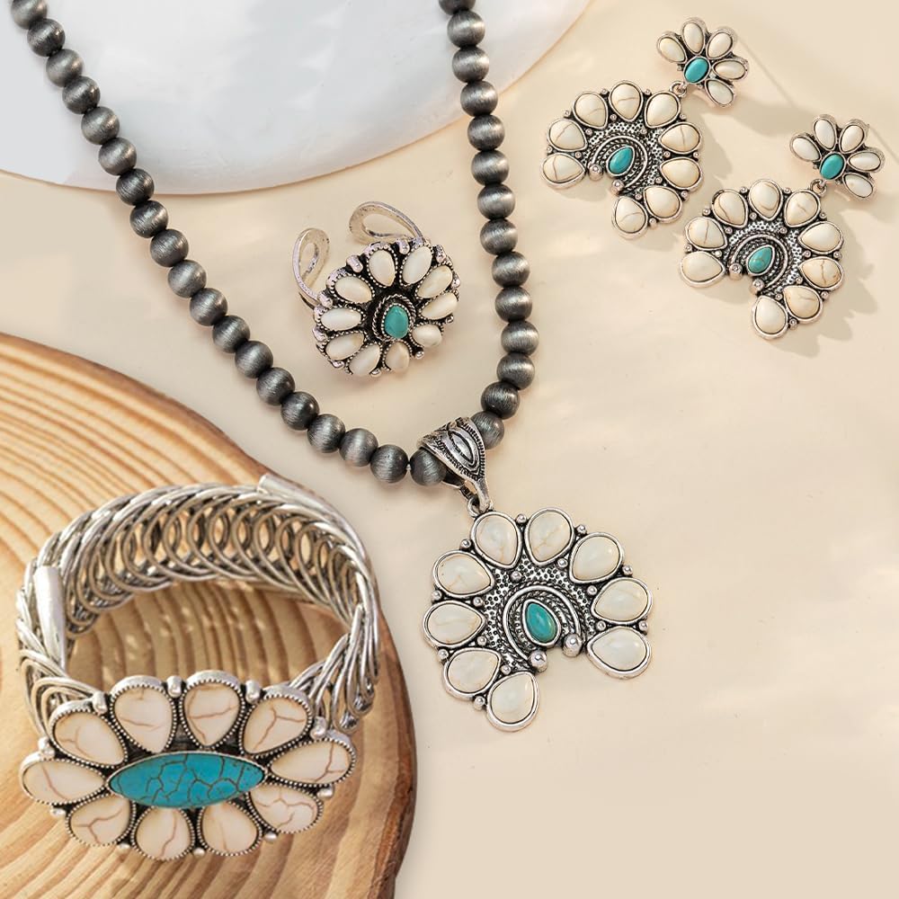 4 Pack Boho Vintage Turquoise Jewelry for Women, Bohemian Western Jewelry Set with Vintage Turquoise Necklace Dangle Earrings Stretchable Bracelet Ring, Country Cowgirl Accessories for Gift - Image 6