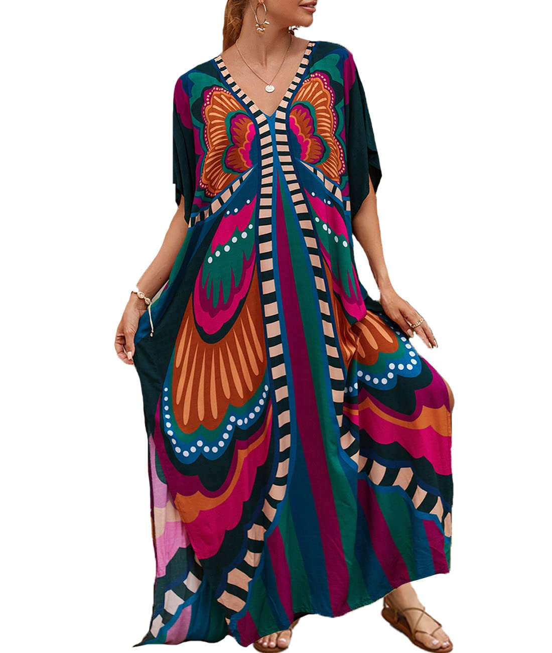 ZaisuiFun Vestido de Playa Kaftan Mujer Verano Algodón Largo Boho Caftán Manga Corta Talla Grande Vacaciones Bikini Cover Up