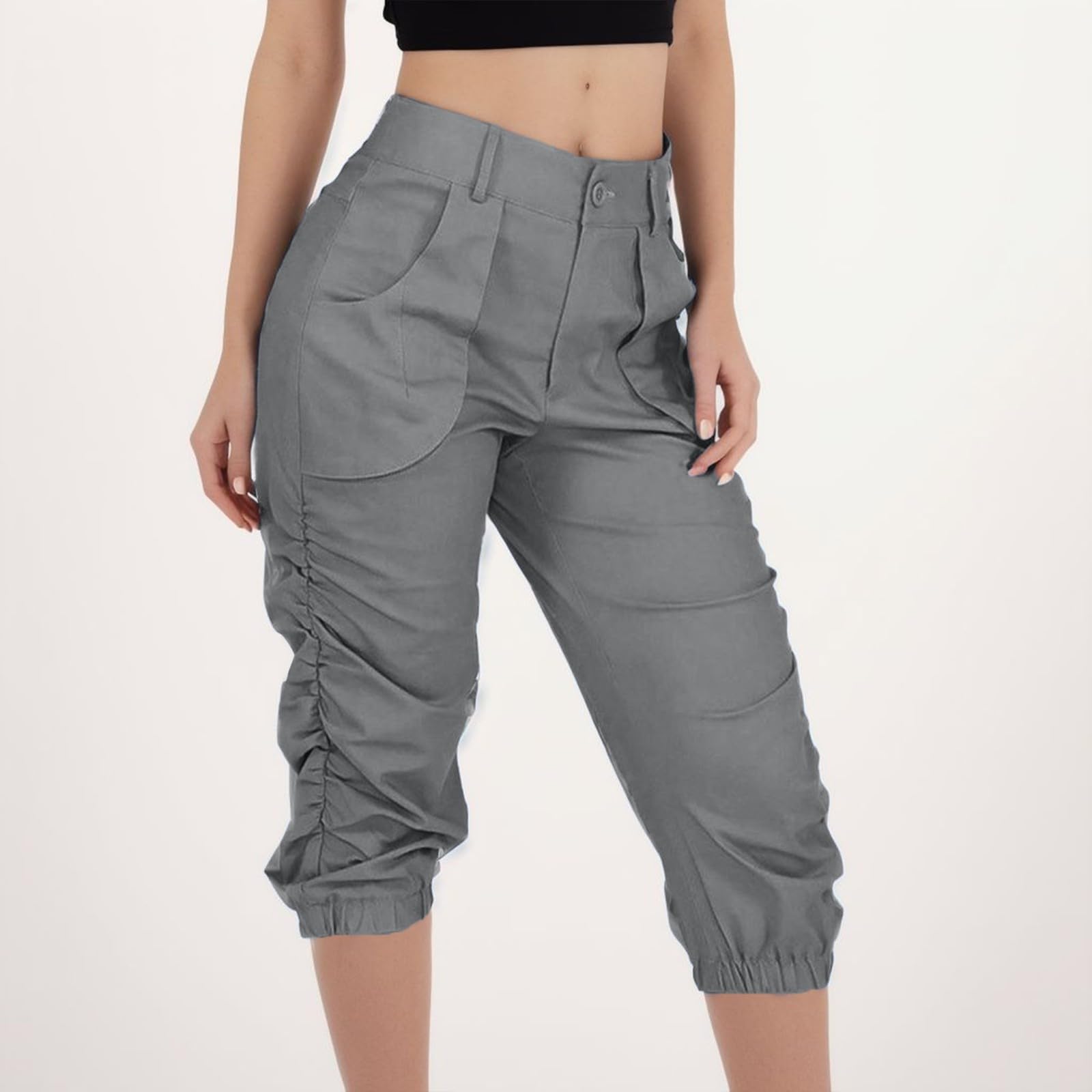 Cargo Capris for Women Casual Summer Baggy Hiking Pants with Pocket Side Ruffle Solid Outdoor Work Comfy Cropped Pant Grey XL