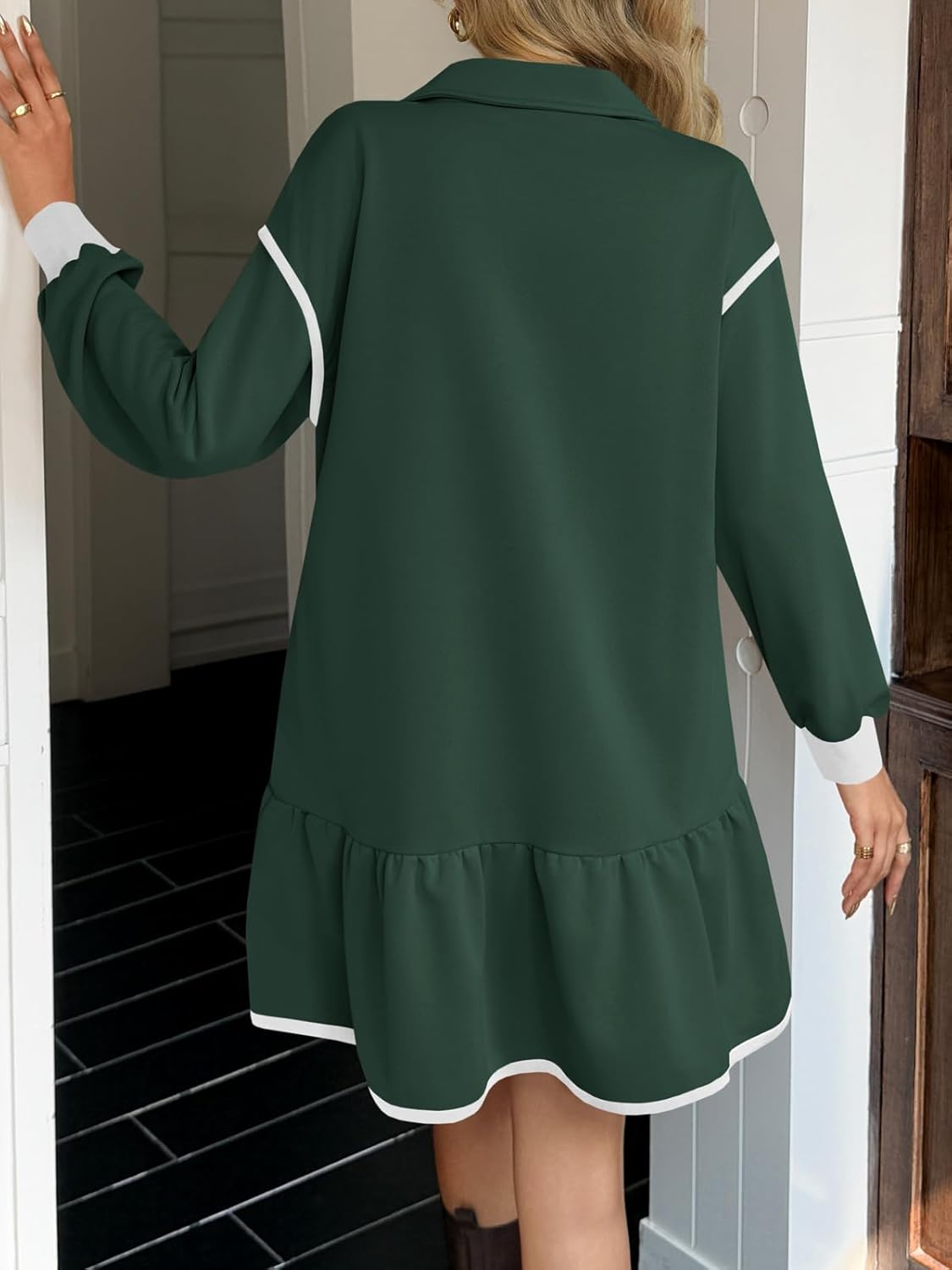 Wenrine Womens 2025 Fall Oversized Sweatshirt Dress Casual Long Sleeve Quarter Zip Ruffle Hem Pullover Mini Dresses - Image 3