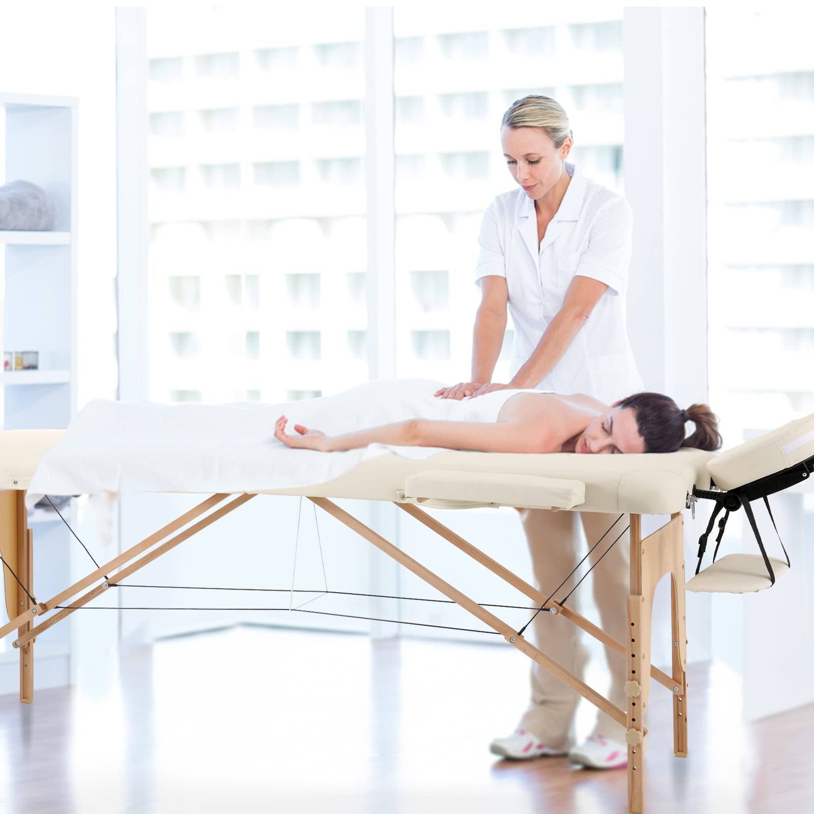 Panana Massageliege 2 Zonen Mobile Massagetisch Klappbar Tragebares Massagebett höhenverstellbar aus Holz Massagebank mit Kopfstütze & Armlehnen & Tasche 213 × 82 x 81 cm (Beige)