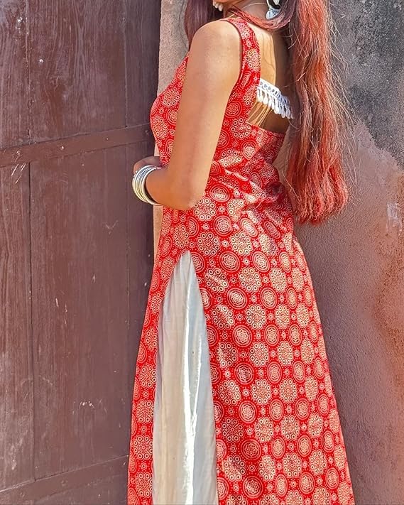 Image of Women's Sleeveless Ajrak Print Kurti - Pure Cotton, Straight Fit Cambric Jaipuri Printed Kurti
