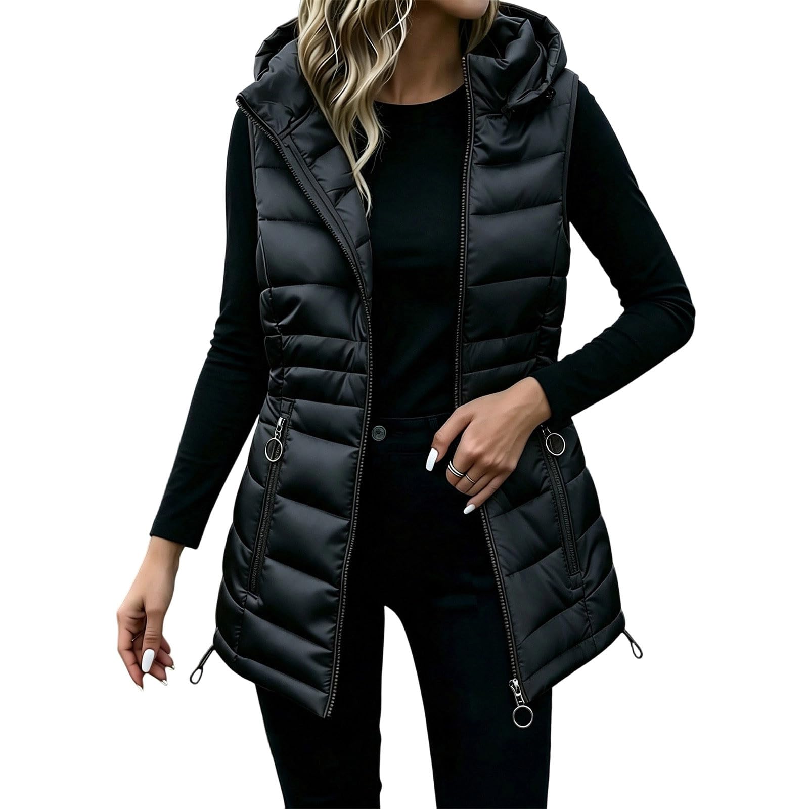Gilet da donna con cappuccio invernale casual Puffer gilet donna longline colletto alla coreana giacche senza maniche con cerniera cappotti trapuntati imbottiti di media lunghezza con tasche con