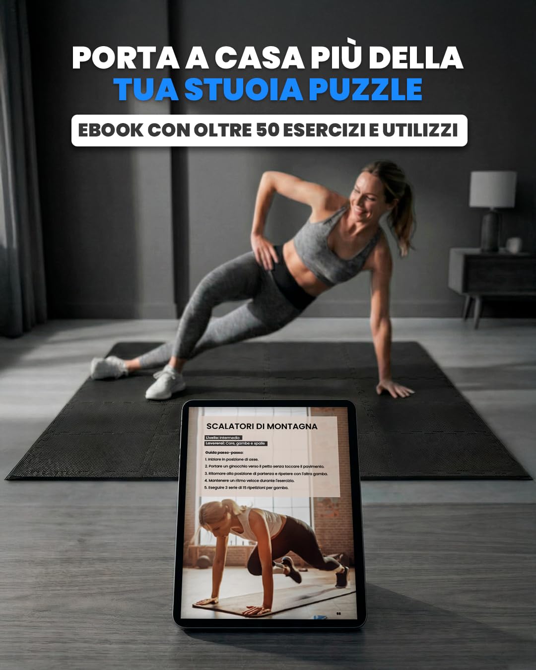 unycos - Tappeto da Fitness a Puzzle【12 Tappetini】Tatami Antiscivolo, Pavimento Protettivo Incastro Palestra in Schiuma EVA, Materassino per Home Gym | Include E-Book, 30x30x1 cm (Nero)