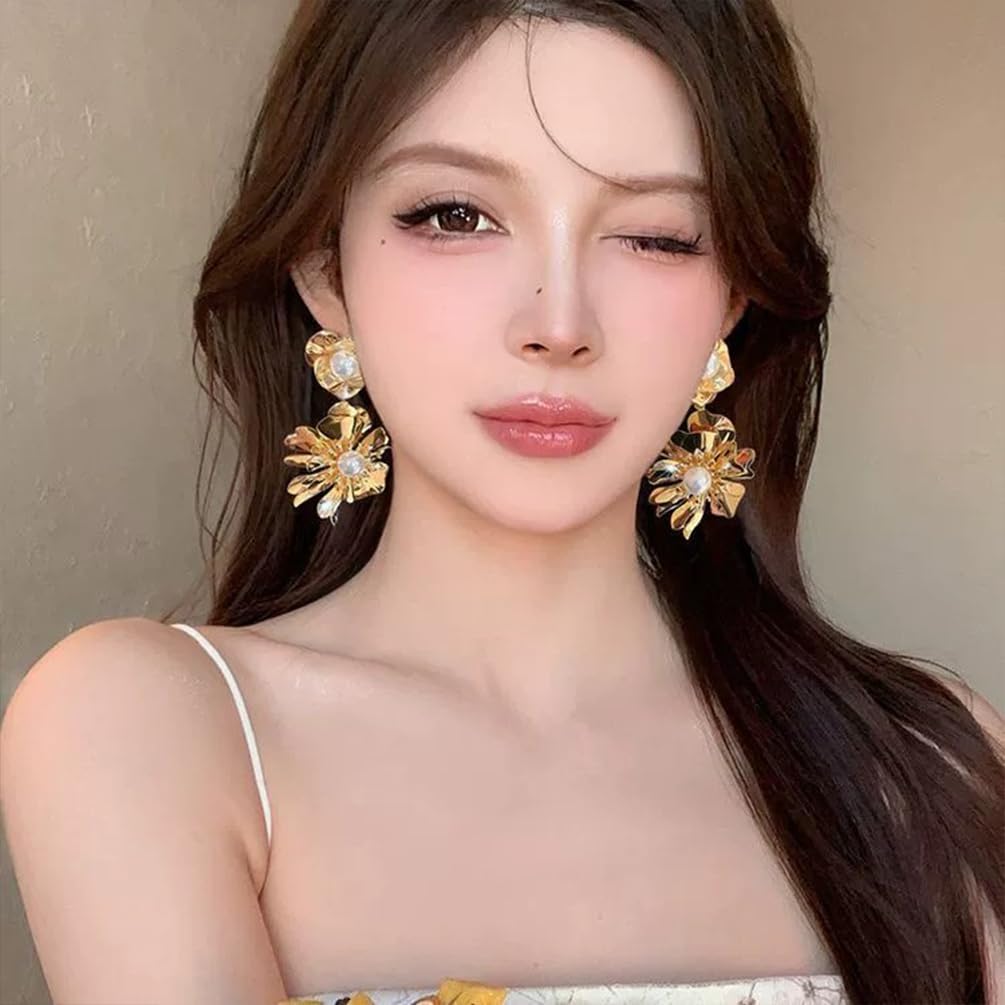 Statement Large Gold Flower Pearl Earrings for Women, Vintage Double Big Metal Floral Flowers Pearls Drop Dangle Stud Earring Trendy Y2k Prom Jewelry Gift - Image 5