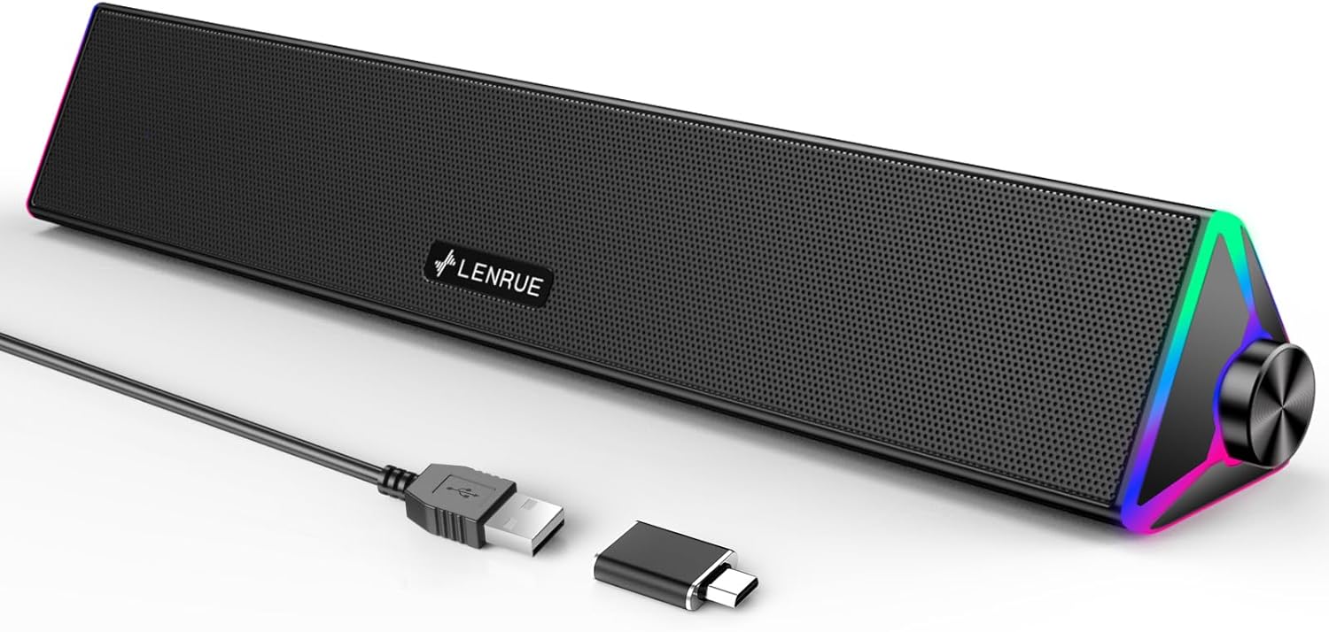 LENRUE PC Speakers,Computer Speakers with Single USB for Power and Stereo Sound,PC Soundbar with Touch Lights,Gaming Speaker for Desktop,Laptop,Monitor (USB-C Adapter Included)