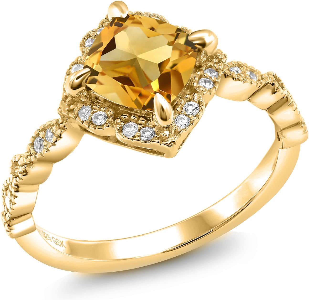Gem Stone King 18K Yellow Gold Plated Silver Ring Cushion Citrine and Moissanite (1.60 Cttw)