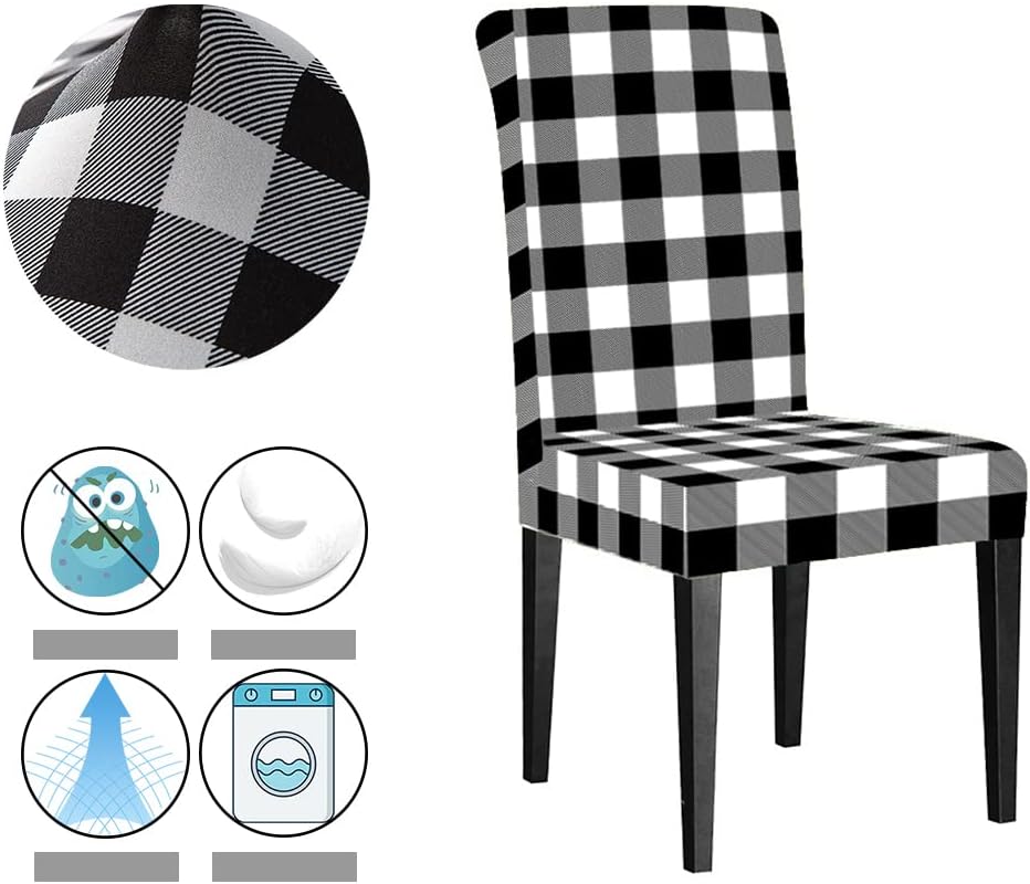 XMNTG Set of 4 Buffalo Check Chair Covers Black White Plaid Stretch Newest Chair Covers Universal Dining Room Chair Covers Removable Washable Furniture Protector for Kitchen Hotel Banquet (4, Black)