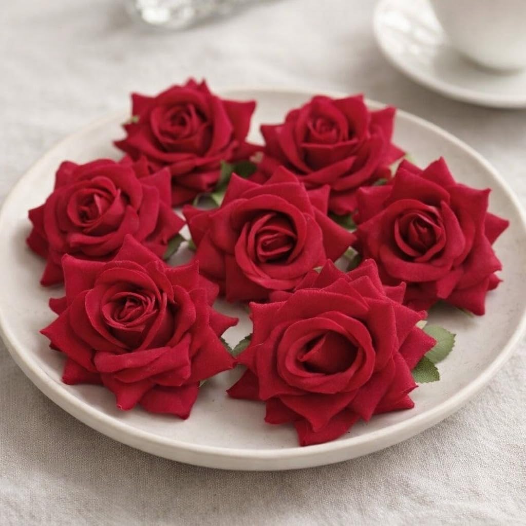 SATYAM KRAFT 6 Pcs Artificial Velvet Rose Flowers | Fake Floral Decoration for Home Decoration Items,Gift Packing, Pooja Thali, Bouquet Making, Hair Accessories, Wedding, DIY Craft (6, Dark Red)