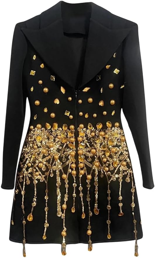 Women's Formal Spliced Rhinestone Blazer Front Zip Lapel Long Sleeve Cocktail Suit Jacket