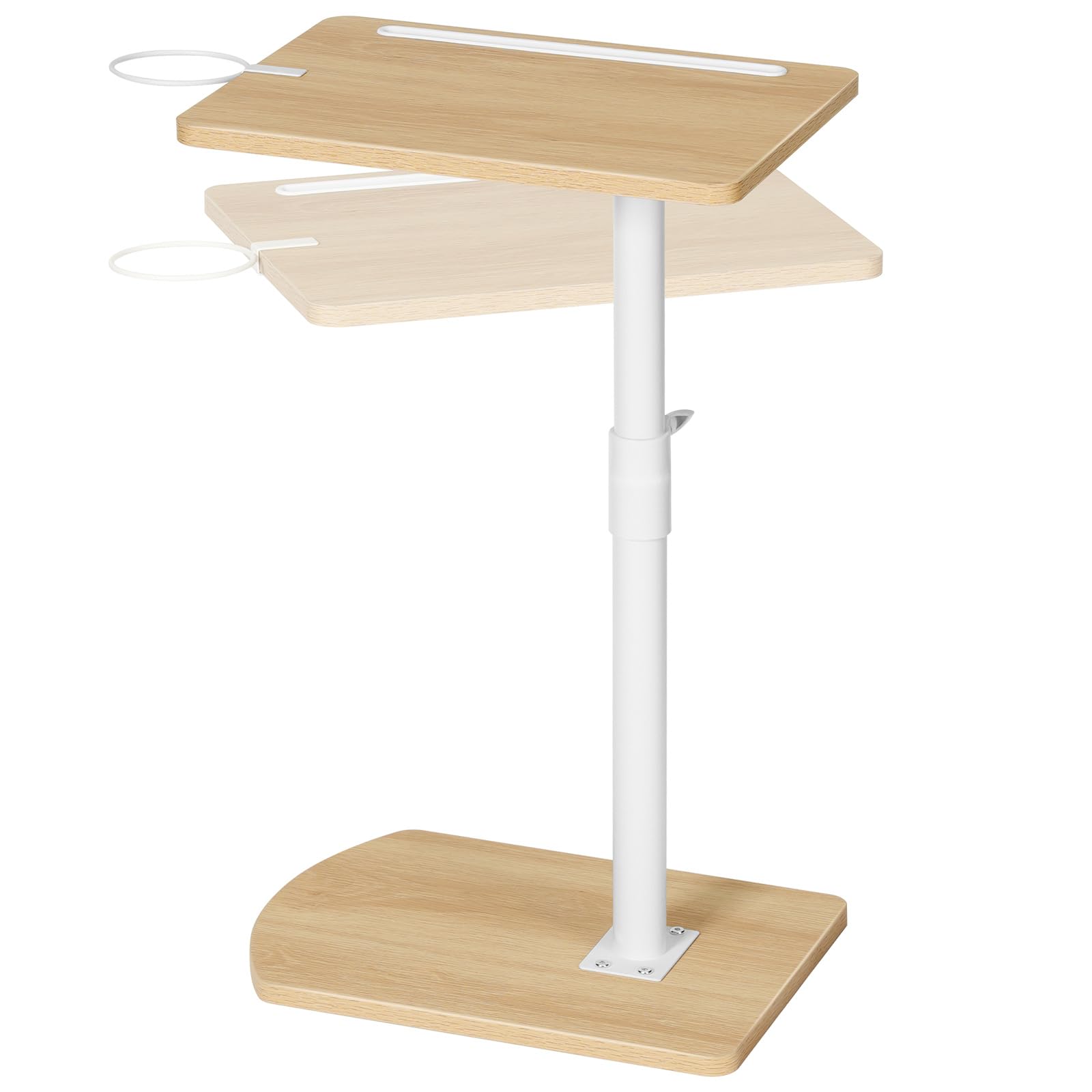 HOOBRO Mesa Auxiliar en Forma de C, Mesa de Sofá Giratoria 360°, Portavasos Extraíble y Ranura para Tableta, Salón, Dormitorio, Blanco y Natural EWN34SF01