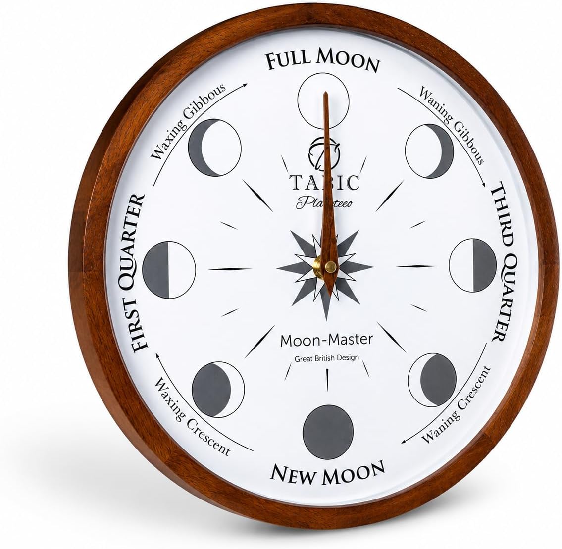 Planeteco Moon Master - Precision Lunar Phase Wall Clock - Accurate Moon Tracking & Easy-to-Read Dial for Lunar Cycle - Stylish Round Moon Phase Clock - Celestial Home Decor - Dark Stain