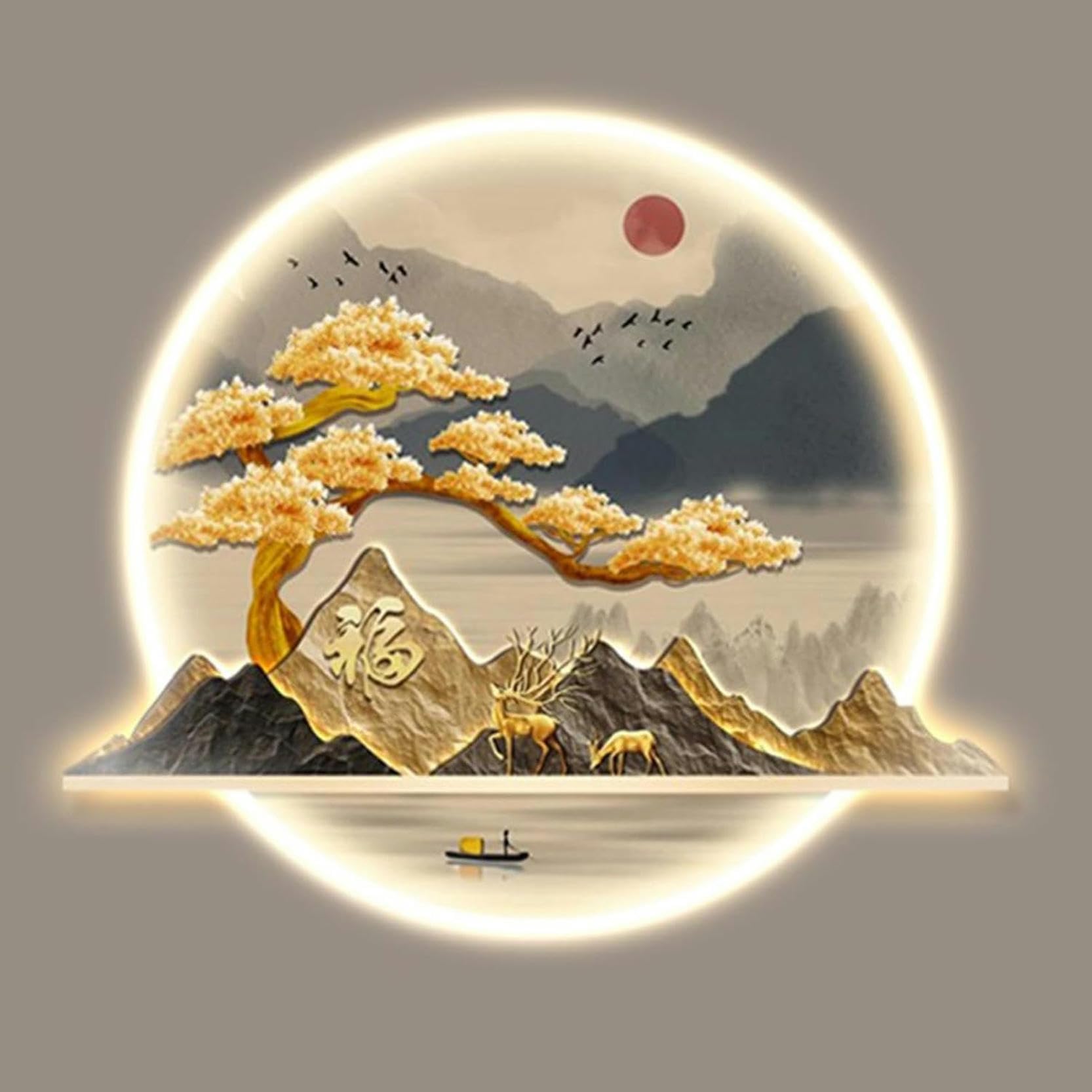 3D Wall Sculptures Painting Hanging Wall Art Led Light Painting, Home Corridor Office Wall Hanging Art Decorations Lamp,Modern Oriental Decor Traditional Chinese Welcoming Pine Wall Hanging Painting/1