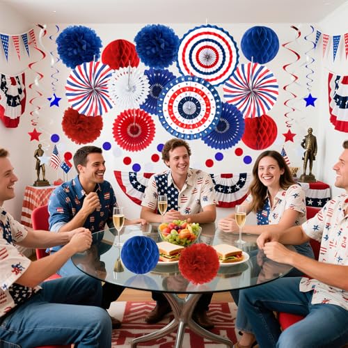 Image of 24 Pcs Patriotic 4th of July Decorations Kit, Paper Fans Pom Poms 8-16 in | Red white blue fans, pom poms, honeycomb balls, USA flag banner, swirls for 4th of July, Memorial Day, Independence Day decor