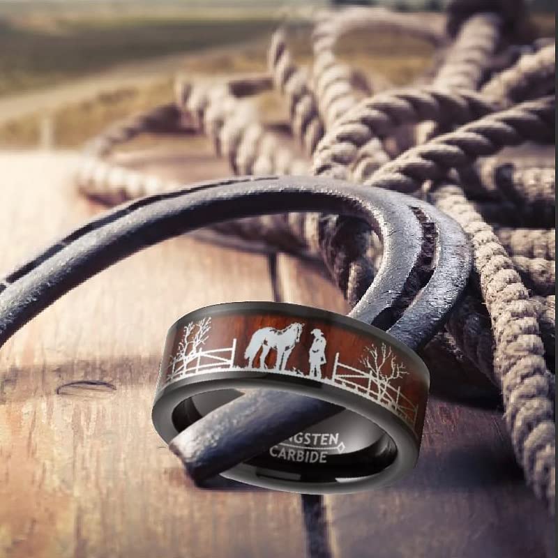 Black Tungsten Horse Equestrian Ring Wedding Band Wood Rancher Cowboy Brown 8MM3