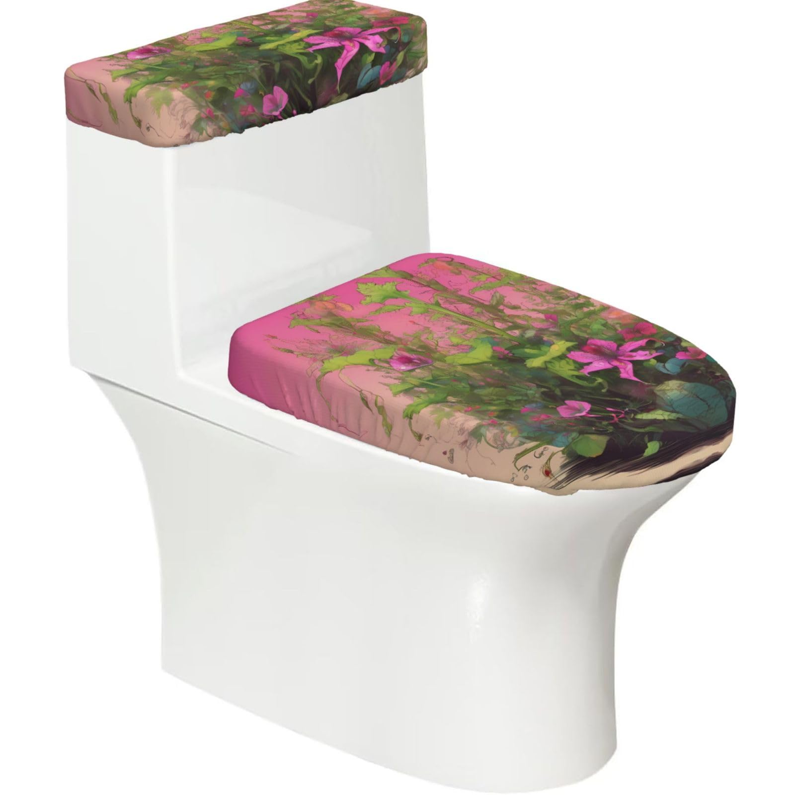 Wzycwb Black Piranha Plant Group 2-Piece Toilet Seat Cover Set With Tank Lid, Elastic Fit For U-Shape & Elongated Toilets, Bathroom Decor, Housewarming Gift