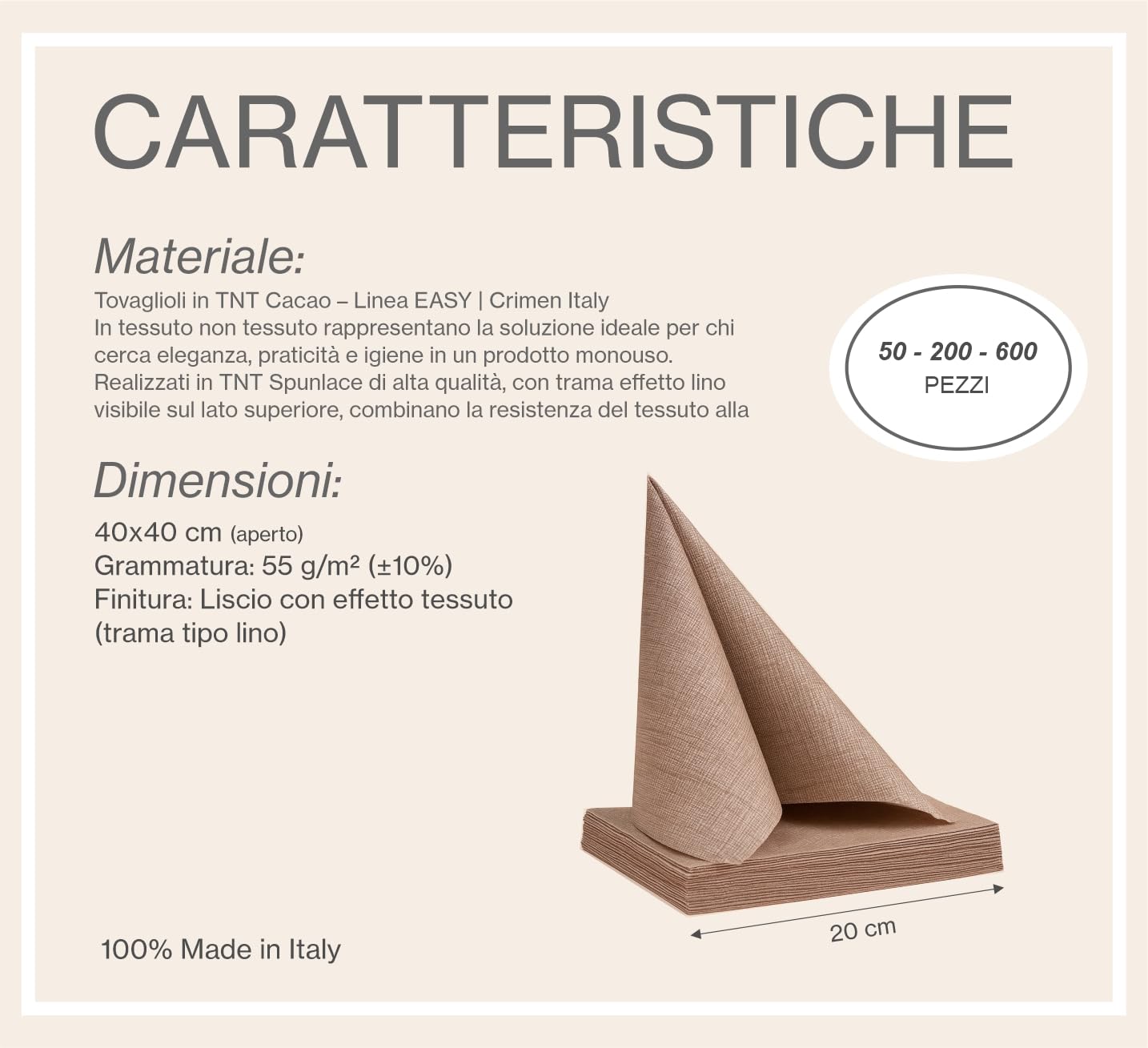 Tovagliolo TNT monouso 40x40 in tessuto non tessuto CACAO | 200 pezzi | tovaglioli, resistenti | assorbente | simile al tessuto | ideale per ristorazione | Biodegradabile