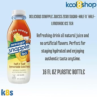 Snapple Zero Sugar Half and Half Lemonade All Natural Iced Tea 16 fl oz Plastic Bottles 16 Pack + 15 Sugarcane Disposable Straws by KOOL8SHOP Infinite Deals
