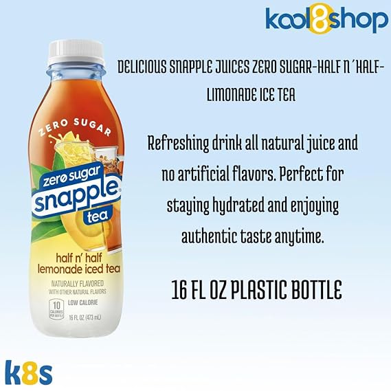 Snapple Zero Sugar Half and Half Lemonade All Natural Iced Tea 16 fl oz Plastic Bottles 16 Pack + 15 Sugarcane Disposable Straws by KOOL8SHOP Infinite Deals