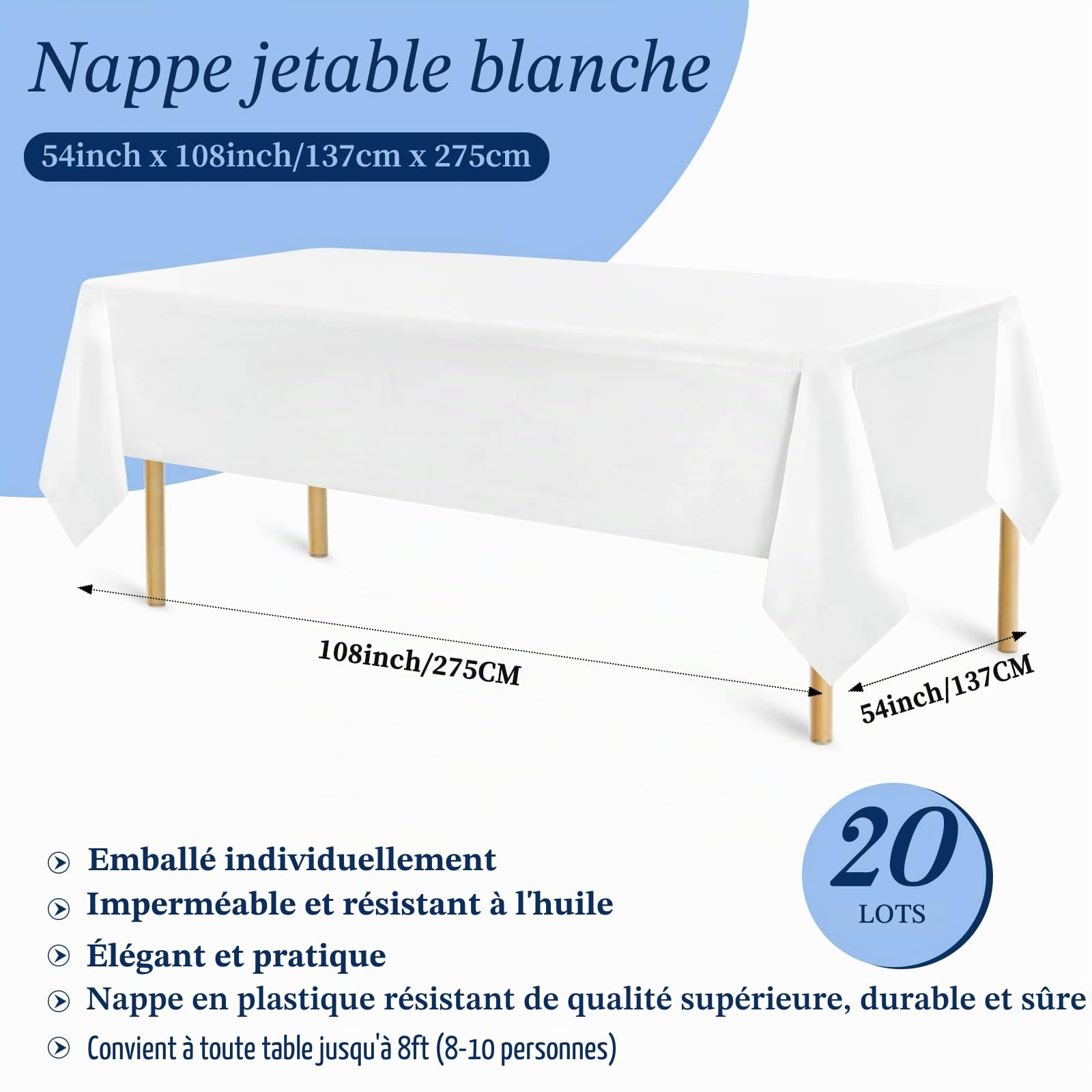 Lot de 20 nappes Blanches pour Tables rectangulaires Nappes jetables en Plastique Blanc pour fête d'anniversaire, Mariage, réception, Enterrement de Vie de Jeune Fille, Baby Shower