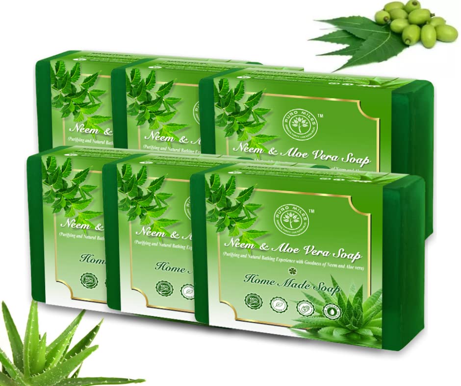 Organic Neem & Aloe Vera Soap| Handmade Bath Soap Combo| Paraben & SLS Free | Enriched with Essential Oils and Vitamin E | Suitable for All Skin Types |Pack of 6x100gm