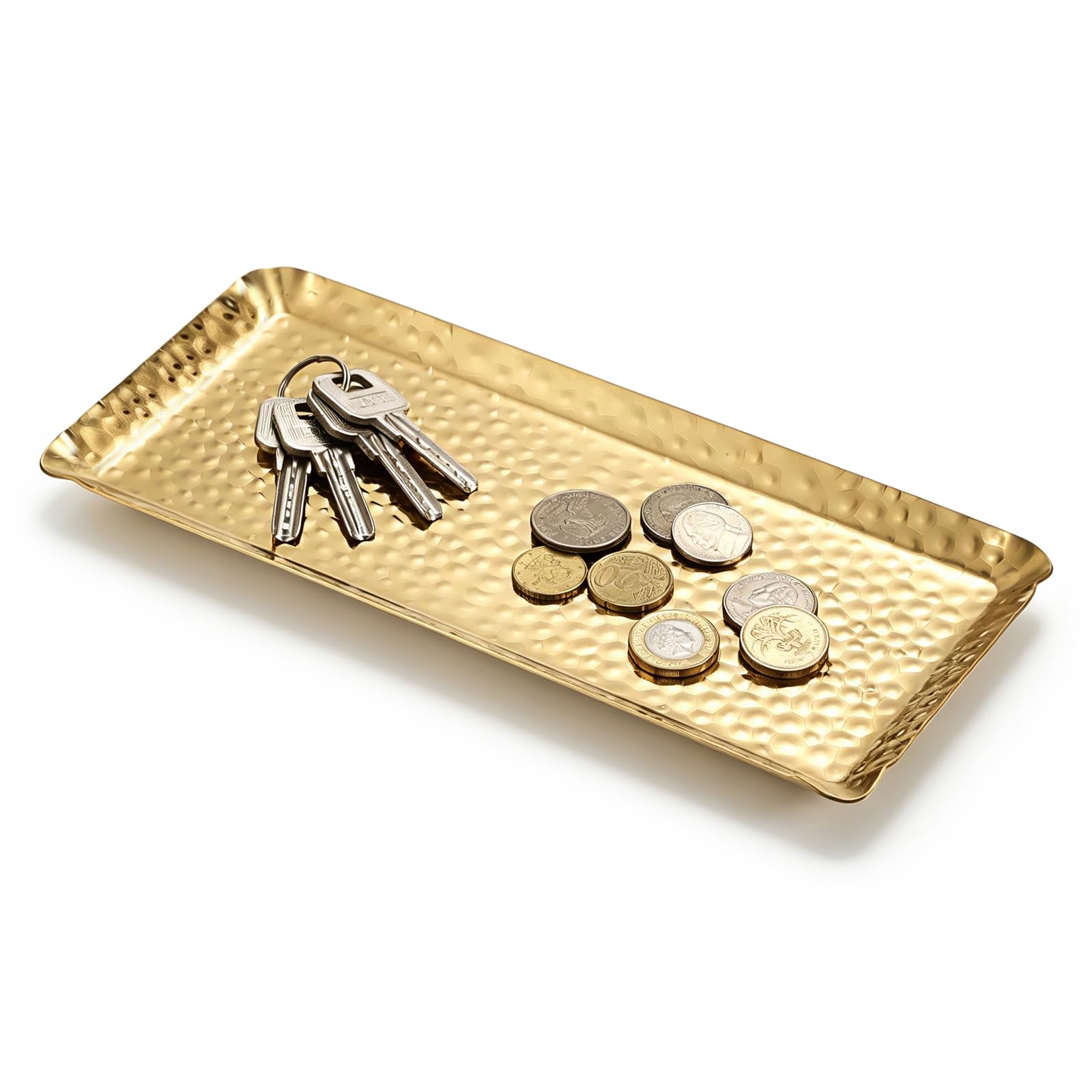 OLegei Stainless Steel Keys Caddy Tray, Rectangular Entryway Key Holder Dish, Coffee Table Decorative Serving Tray, CatchAll Organizer for Wallet, Earbuds, Car Keys, Watch, Coin (Gold)