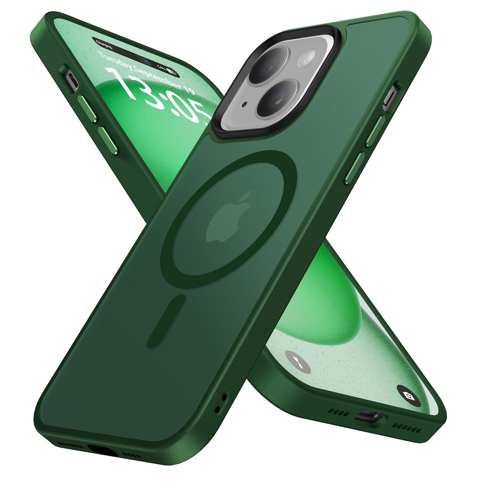 shehemeMagnetic for iPhone 13 Case & iPhone 14 Case,with 3 Lens Protectors [Compatible with MagSafe] [Military-Grade Protection] Shockproof Translucent Matte Case for iPhone 13/14 Case,Deep Green