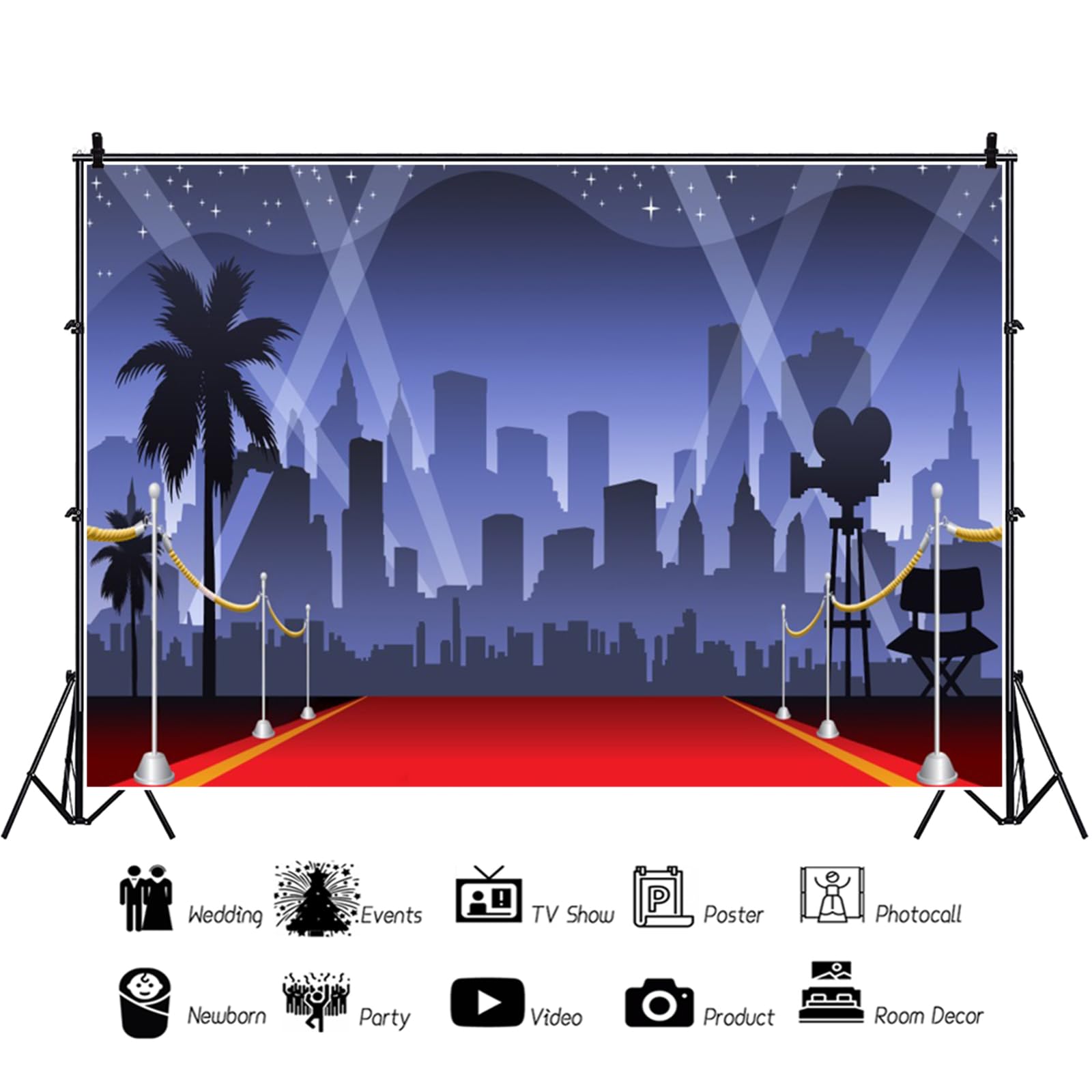 YongFoto 2,2x1,5m Vinile Sfondo Fotografico Hollywood Red Carpet Flash Lights Fondale Foto Festa Bambini Boby Nozze Adulto Partito Studio Fotografico Puntelli