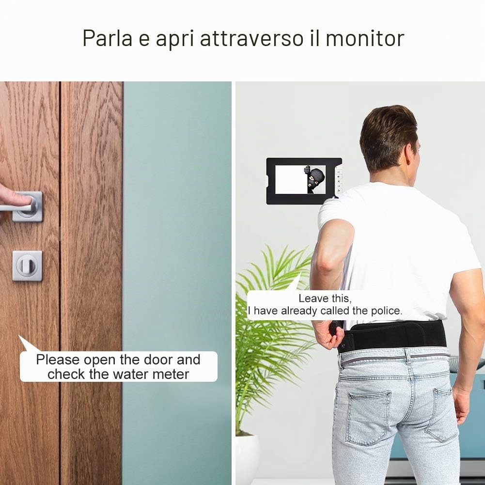 Videocitofono, Sistema Interfono con Video Campanello cablato LCD da 7 pollici con Telecamera da esterno 1000TVL, supporto visione notturna IR, monitoraggio, Sblocco(Unione Europea)