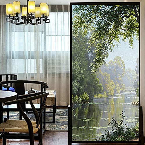 LXDWEI Dekorative Fensterfolie, Sichtschutz, Wald, Bach, Landschaft, Ölgemälde, statische Haftung, Fensteraufkleber, kein Kleber, Milchglasverkleidungen, Fenstertönung (B x L), 60 x 200 cm Cover