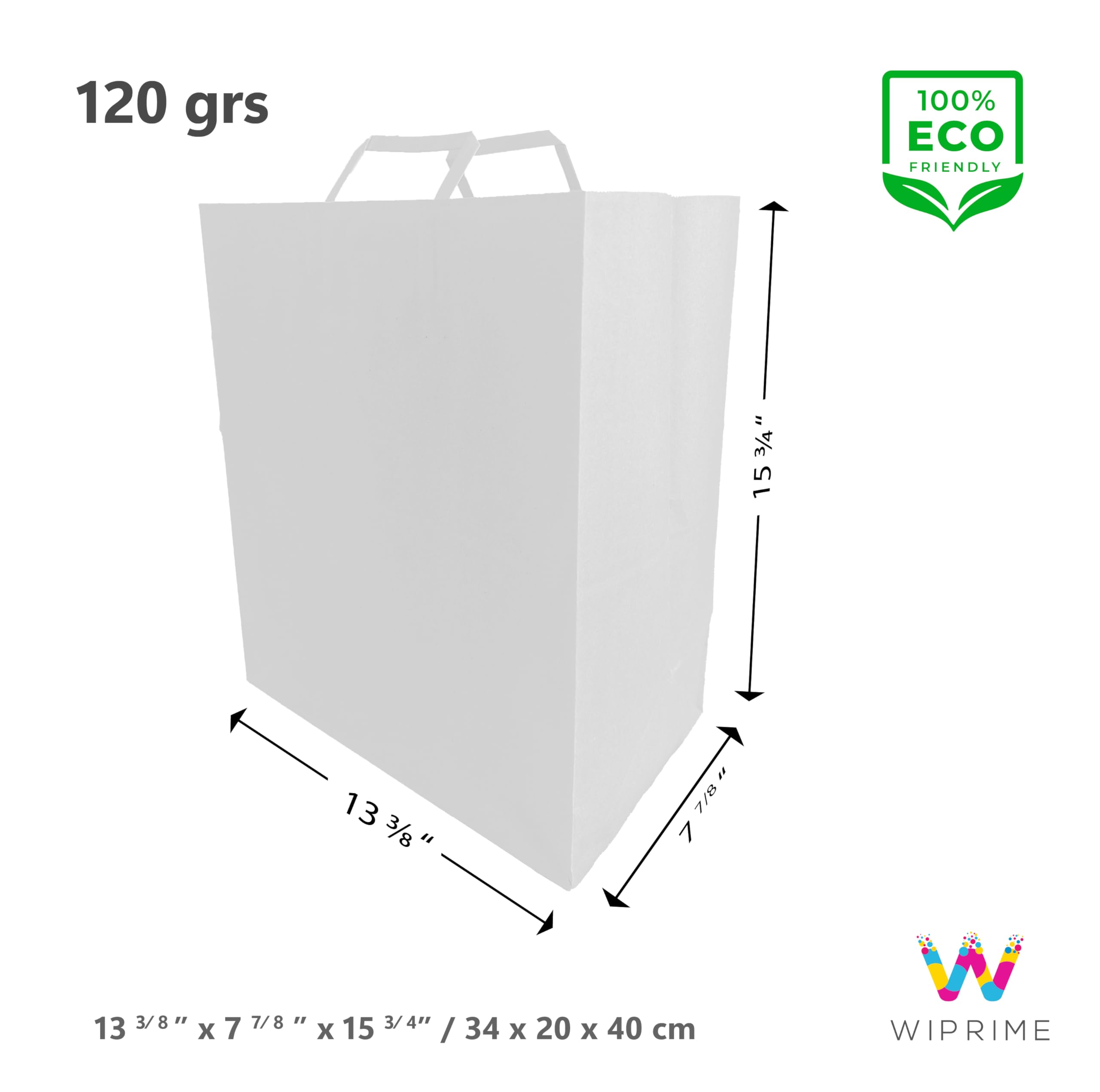 WIPRIME Model Miami– Pack of 100 White Kraft Takeout Paper Bags with Flat Handles – 13.3 x 7.8 x 15.75 Inches – Heavy-Duty & Perfect for Restaurants, Food Delivery, Takeou, Retail & Catering