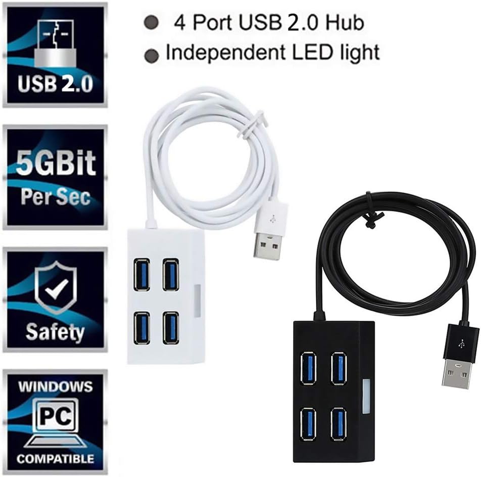 4 Ports Mini USB 2.0 HUB Splitter Elaborate Manufacture Prolonged Durable Adapter External Converter for Laptop Desktop (Color : Black) (White)