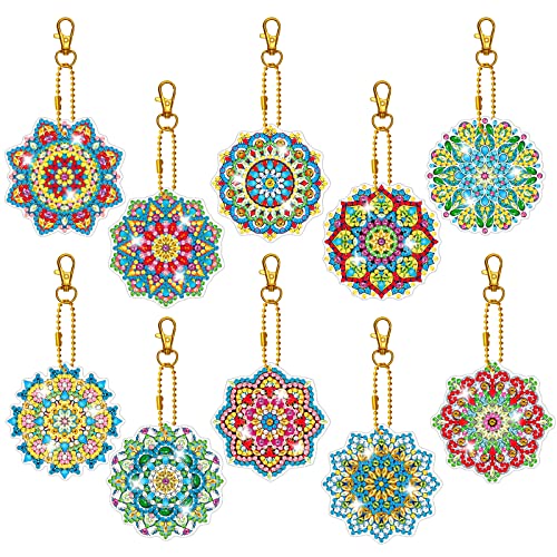 NAEBRO 10 Piezas Llaveros de Pintura de Diamantes, Doble Cara DIY Flor de Mandala Colgante Llavero Diamond, Llavero Pintados con Diamantes para Mochila Monedero Bolso Artesanía Decoración Regalo