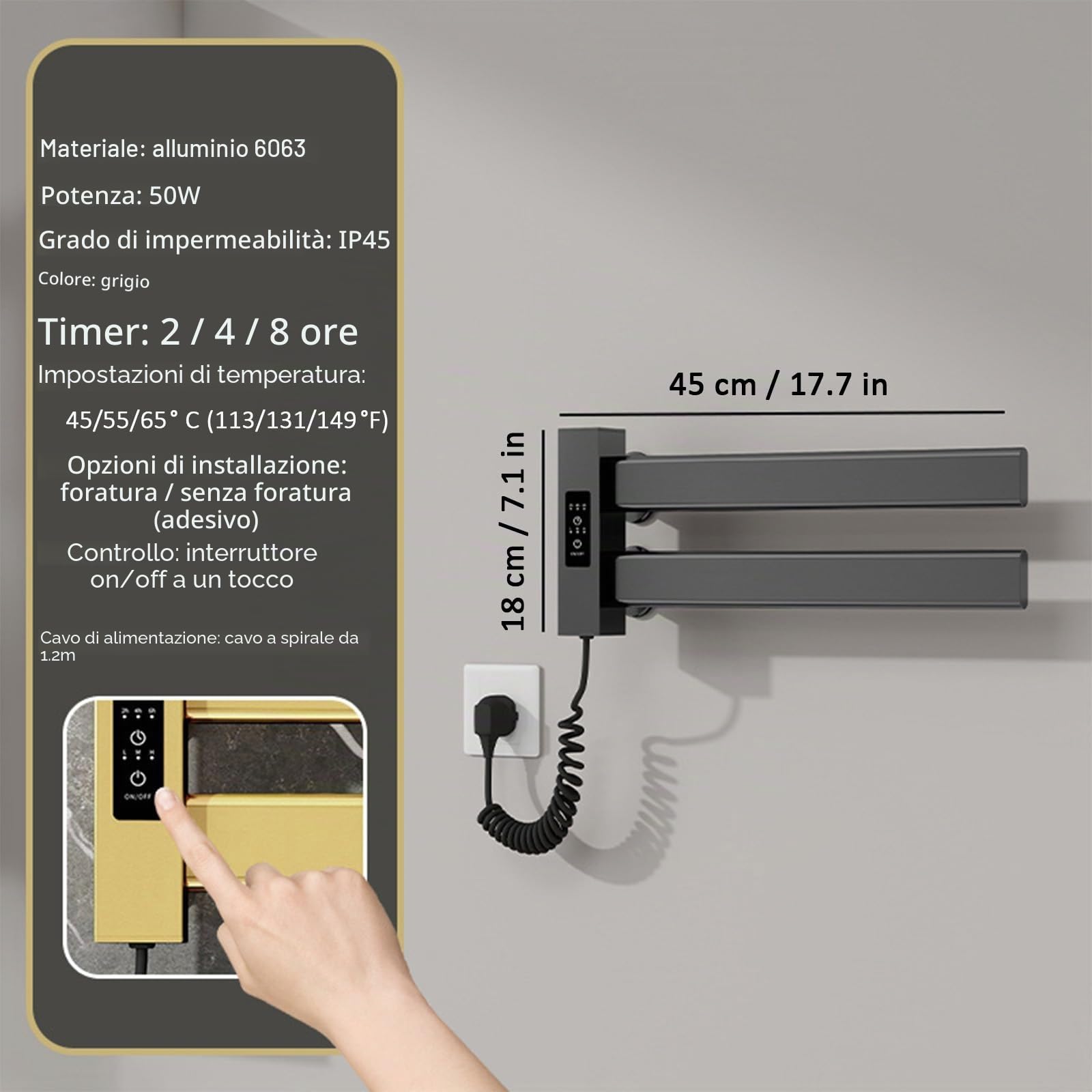 Scaldasalviette Elettrico Bagno 450×180mm Portasciugamani Elettrico Basso Consumo Scaldasalviette Termoarredo Piatto da Parete 50W con 2 Barre Riscaldanti Asciugatrice per Asciugamani