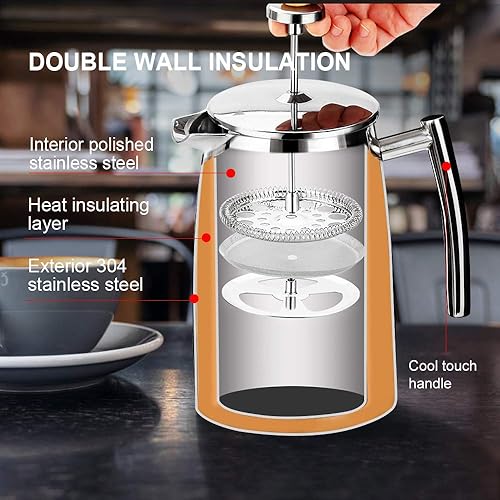 Miniatura 4 de Secura - Cafetera de prensa francesa de acero inoxidable 1810 con pantalla adicionales