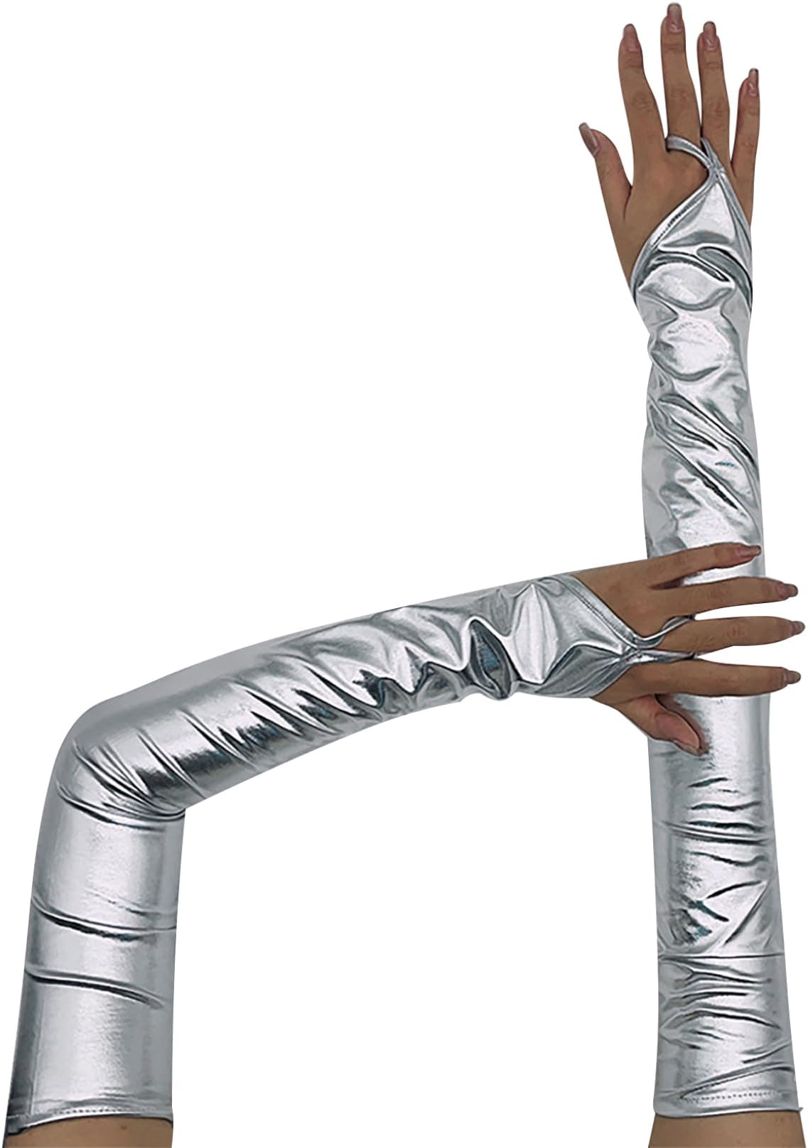 Kaerm Women's Shiny Metallic Fingerless Gloves Wet Look Opera Gloves Nightclub Dance Costume