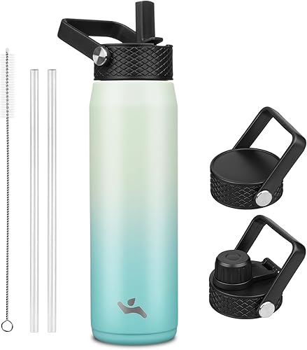 Miniatura 16 de Botella de agua aislada de acero inoxidable de 20 onzas con popote y 3 tapas, botella de agua deportiva sin BPA, botella de agua de viaje, color