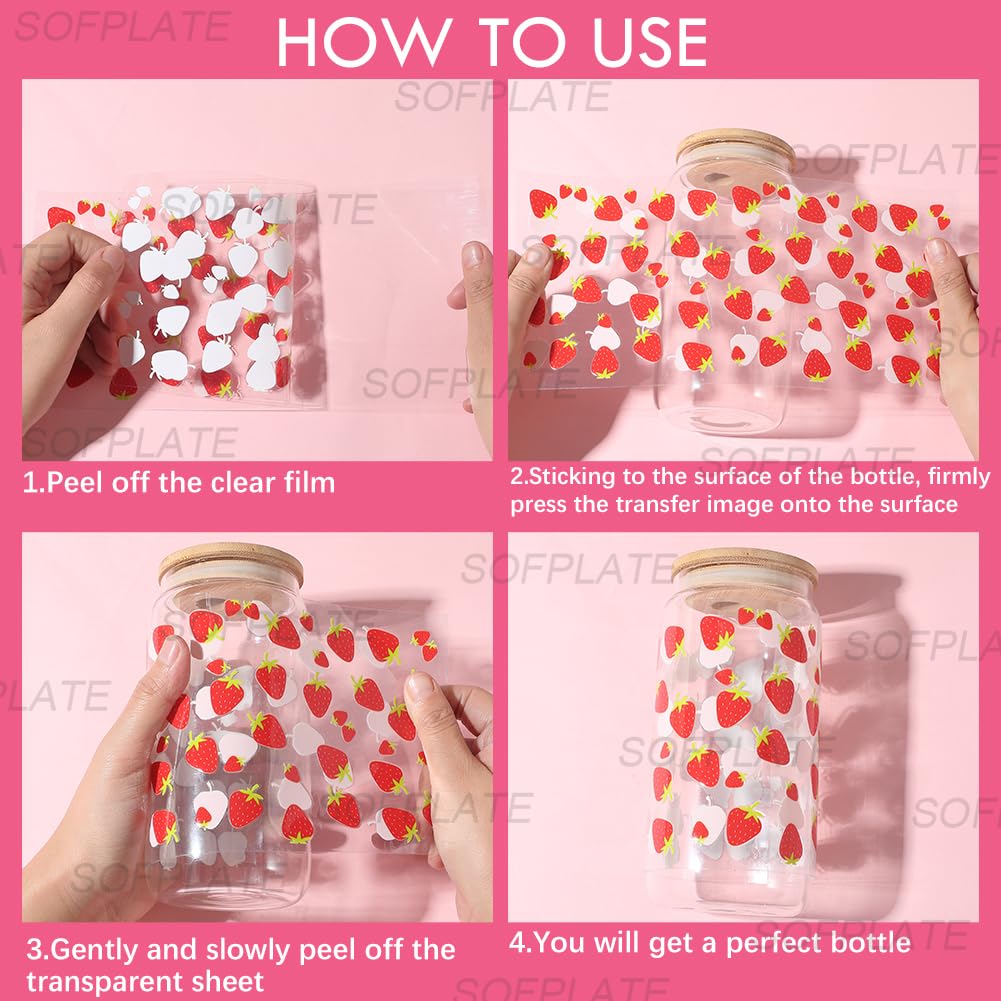 SOFPLATE 8 Styles Red UV DTF Cup Wraps Cute Transfer Stickers Bulk Plastic Sweet Pink Rectangular Transparent Strawberries Stickers for Glass Cups Bottle DIY Crafts Furniture Decorations Creative Gift - Image 4