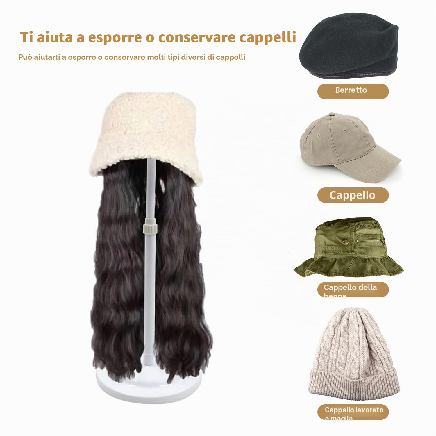Porta Parrucca Regolabile Espositore Capelli - strumento di visualizzazione della parrucca, manichino per la pratica di tela di staffa supporto per display styling, bianco
