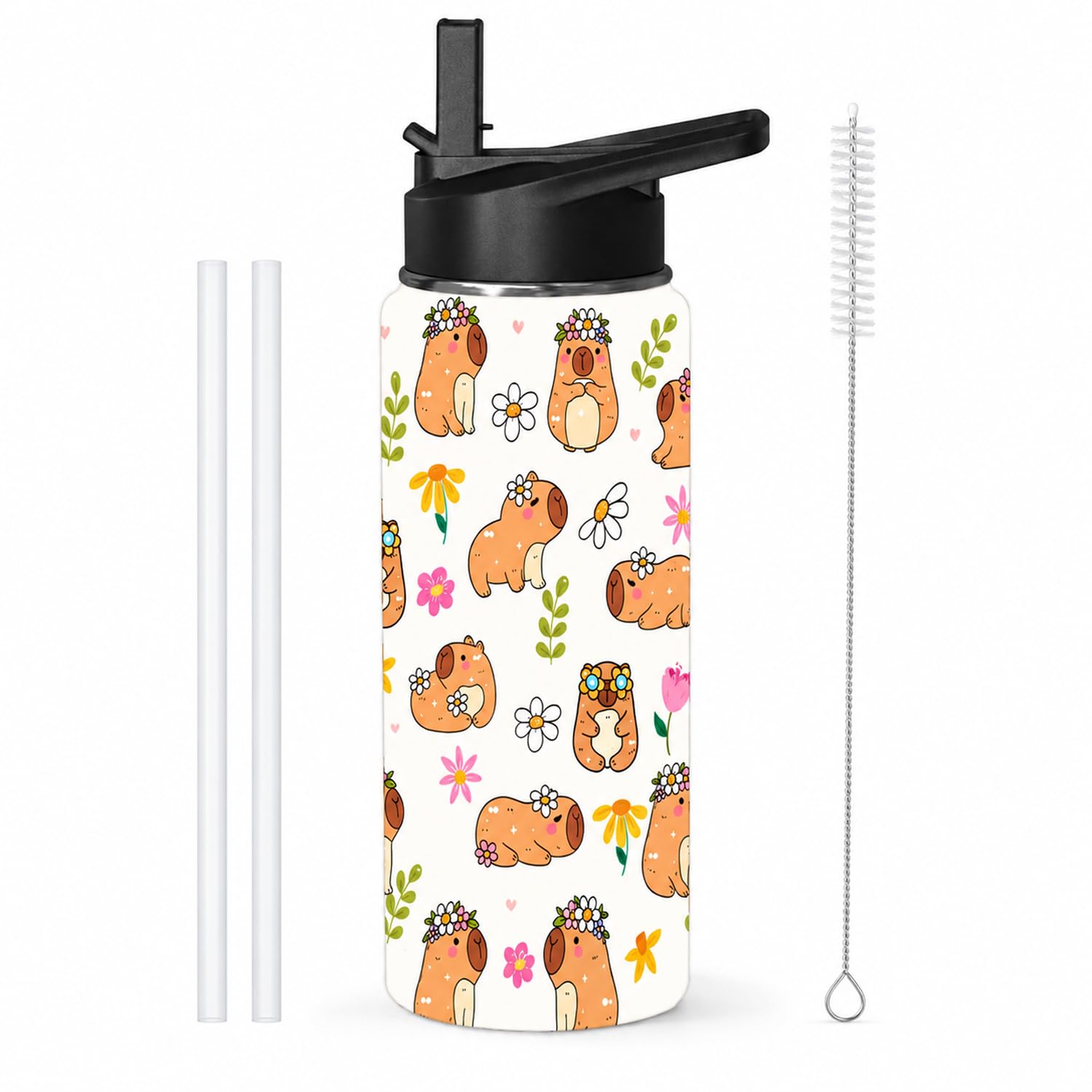 Vexilon 550ml Capybara Water Bottle, Stainless Steel Kawaii Water Bottle, Capybara Bottle With Straw for Going to School, Working, Exercising, Camping