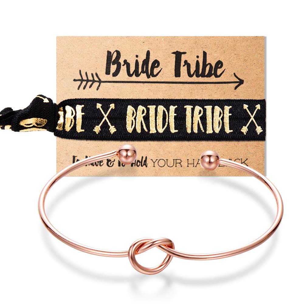 MOOKOO Bridesmaid bracelets-Ikooo 5 pcs Love Knot Open Bangle With Bride Tribe Hair tie for Best Friend, BFF of the Bride wedding Gift