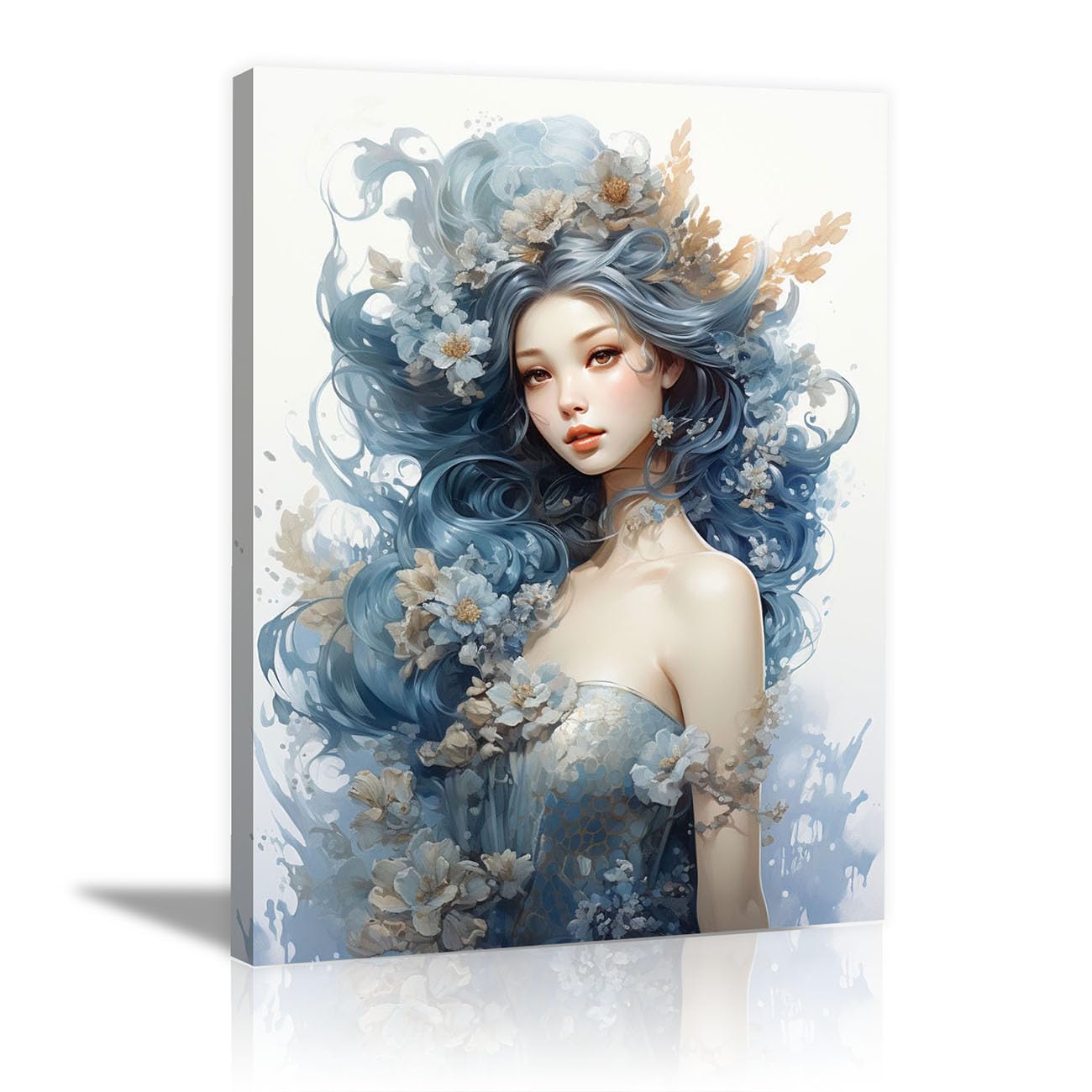 QUSAAOU African Americans Wall Art Blue Floral Hair landscape Painting Vintage Tribal Girl Images Elegant Paintings Of Black Women Suitable For Home Wall Decoration(Misty blue)-80x120cm1 Unframed