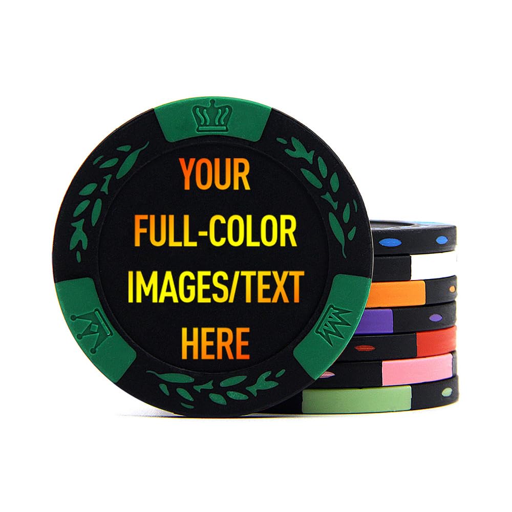 100 Premium Clay Poker Chips, Customized Your Image and Text, 11.5 Grams Casino Chips for Texas Hold’em, Blackjack Gambling (Dark Green)