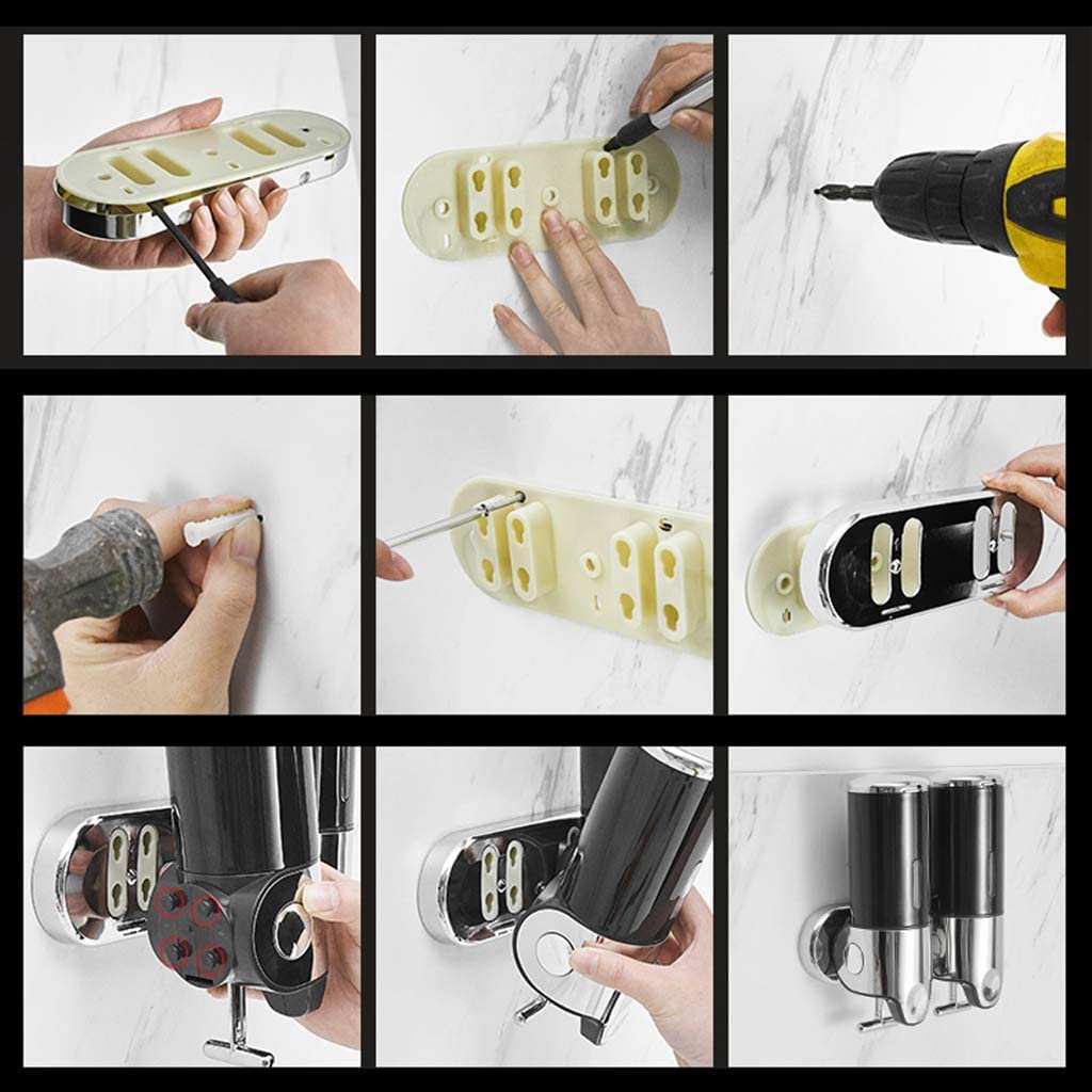 Dispensador de jabón for baño, desinfectante de Manos, Botella de Acero Inoxidable de Montaje en Pared, Cabezal Simple o Doble, Impermeable, con Barra de Acoplamiento de Metal.(A)