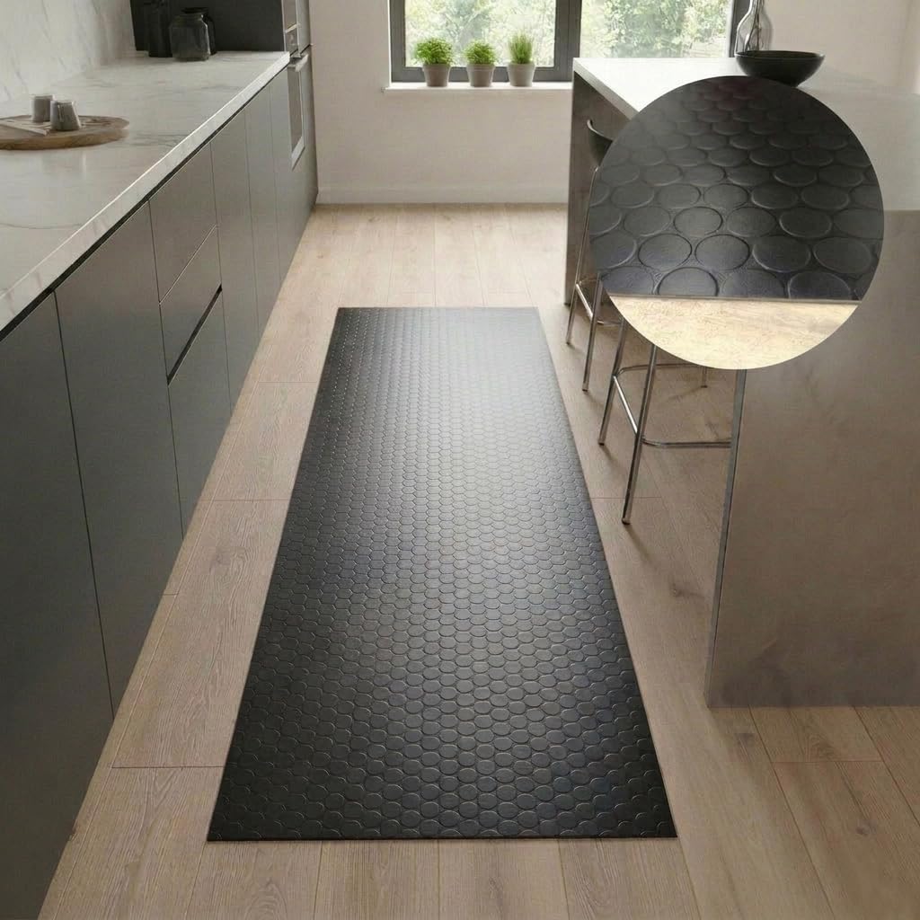 Revestimiento Suelo,Vinilo Botones, Negra Estilo Industrial con Círculos, Antideslizante y Fácil de Limpiar (200x500 cm)