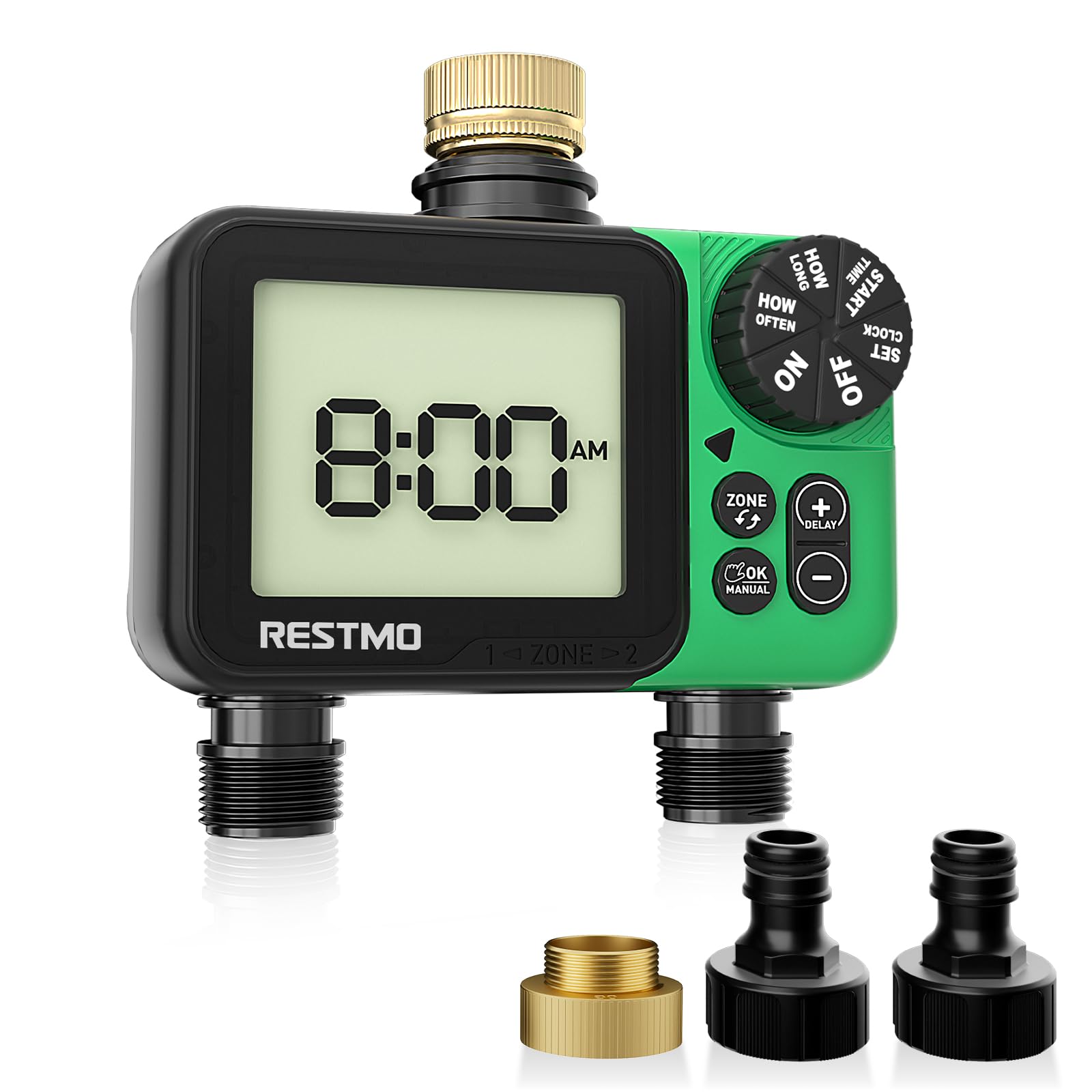 RESTMO Computer di Irrigazione 2 Zona, Timer Irrigazione con Display Grande | Automatico/Manuale/Ritardo Pioggia (12/24/48/72H), Timer per Tubo da Giardino, Rubinetto Esterno