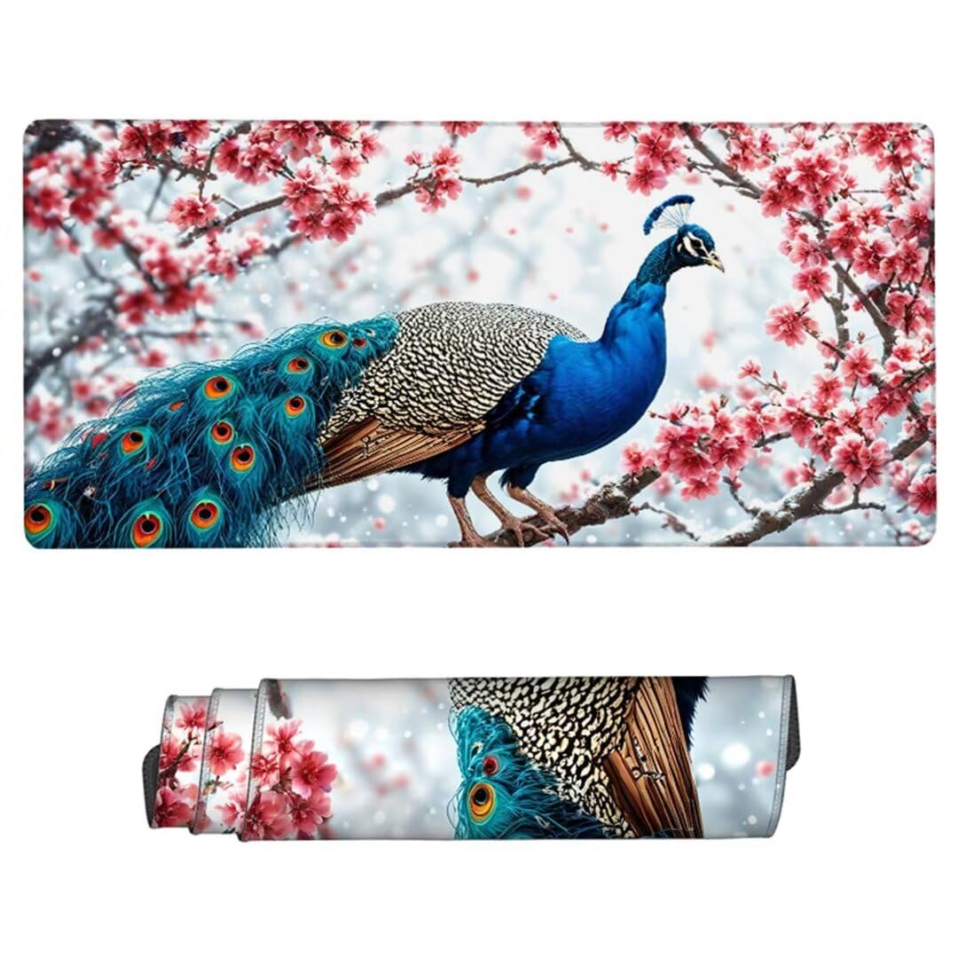 Podkładka pod mysz do gier, 1600 x 800 x 3 mm duża podkładka pod mysz z pawiami dla graczy, zielona podkładka pod mysz, szyte krawędzie, antypoślizgowa gumowa podstawa, dekoracja na biurko ZH-380