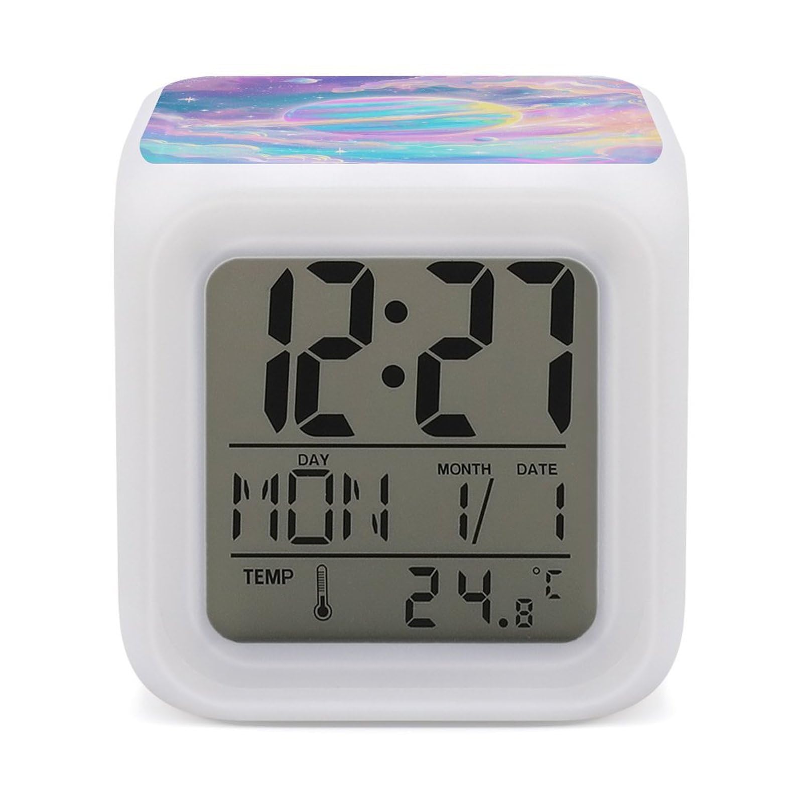 JTREHY 7 Color Changing LED Digital Alarm Clock,Rainbow Colored Galaxy Printed Wake-up Clock with Temperature Display Home Decoration Alarm Clock for Bedroom Office