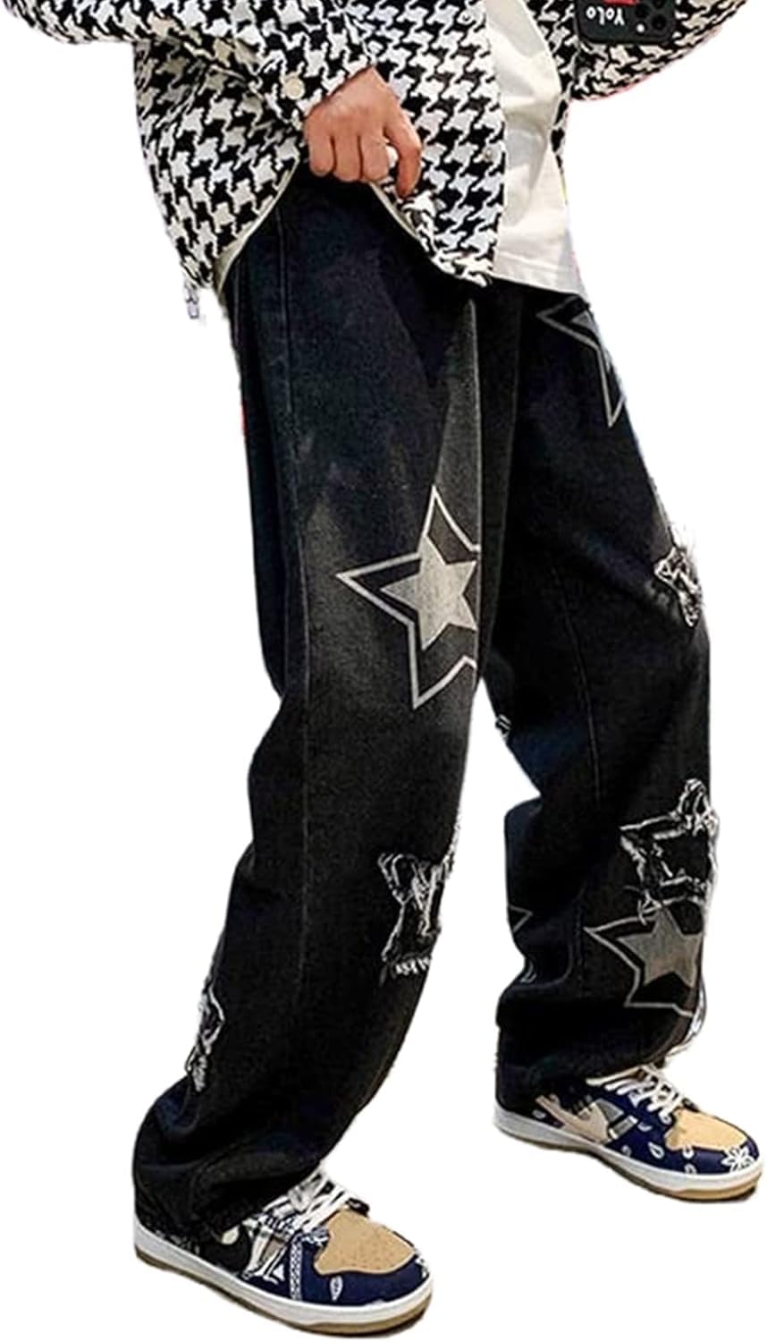 LLECDASEUI Y2k Jeans Men Grunge Hip Hop Baggy Pants Straight Leg Graphic Denim Joggers Loose Fit Jeans Streetwear (Black,L)