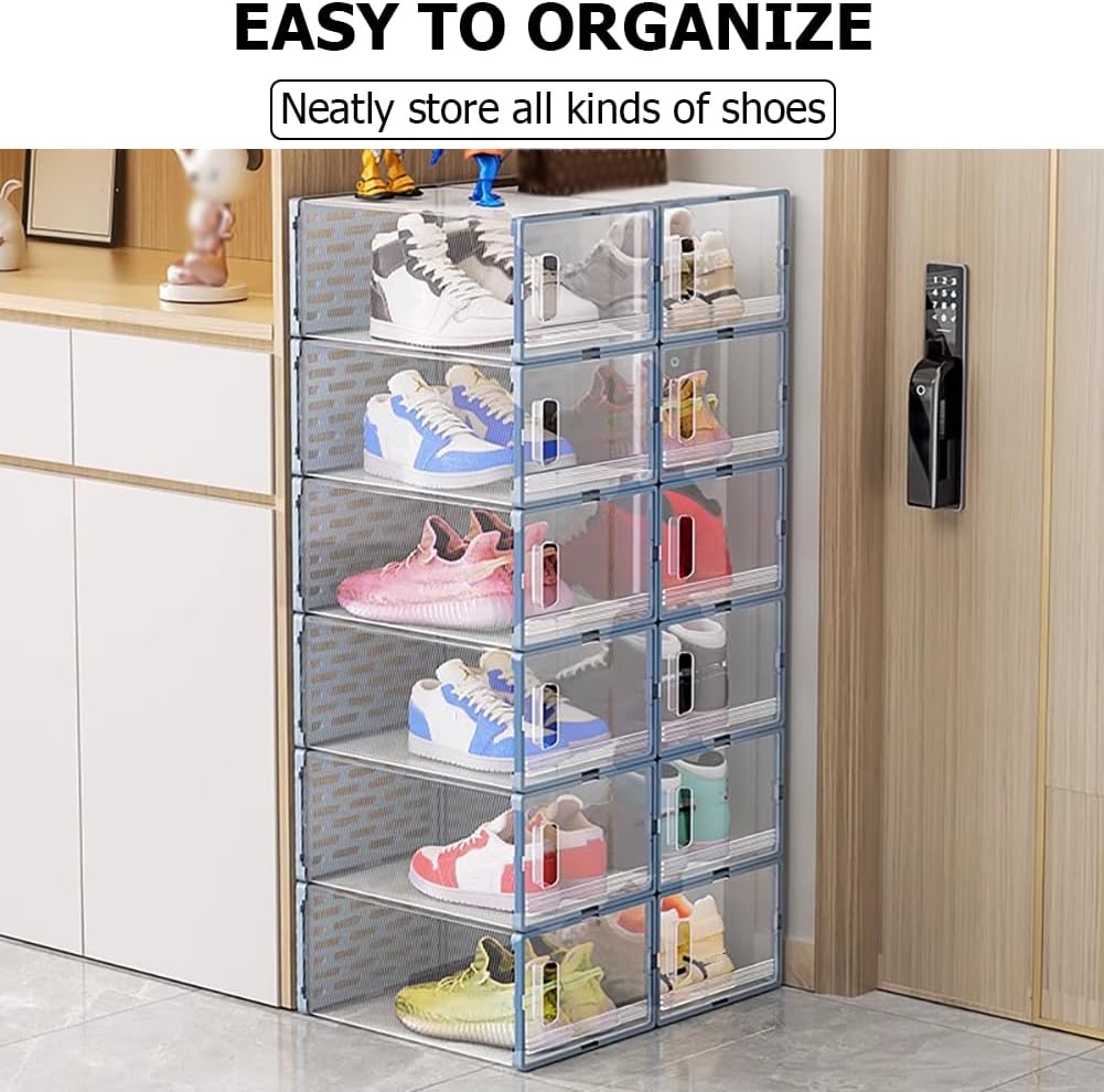 6 Pack Clear Shoe Organizer Boxs,Plastic Stackable Shoe Storage Boxes,Display Case Holder Shoe Bin for Entryway Drawers,Easy Assembly